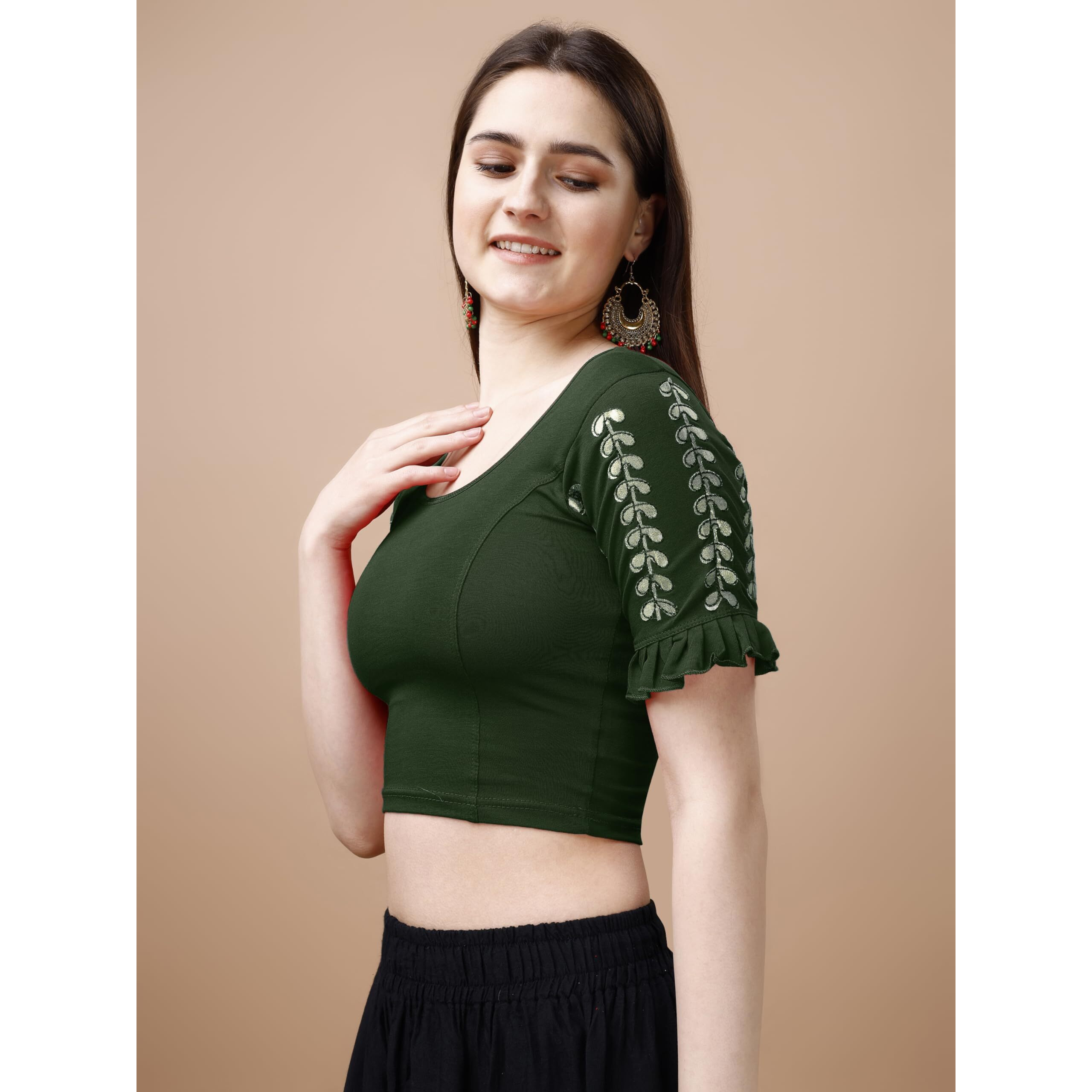 Pujia Mills Women's Lycra Stretchable Readymade Saree Blouse (Teen Patti_Green_38)