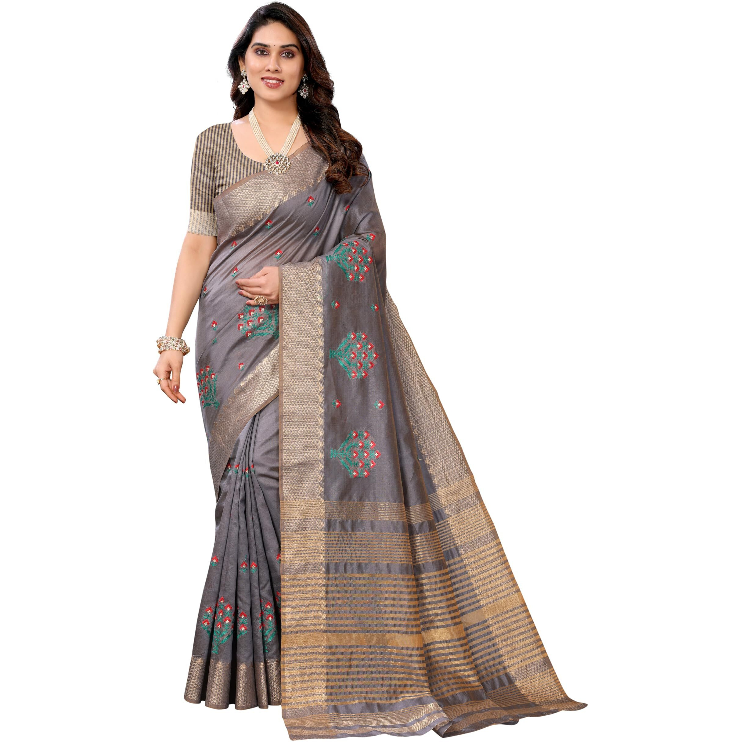 StyleScope Women's Assam Cotton Silk Golden Boarder Thread Embroidered Saree With Unstitched Blouse Piece (Ulajh Grey_Grey_Free Size)