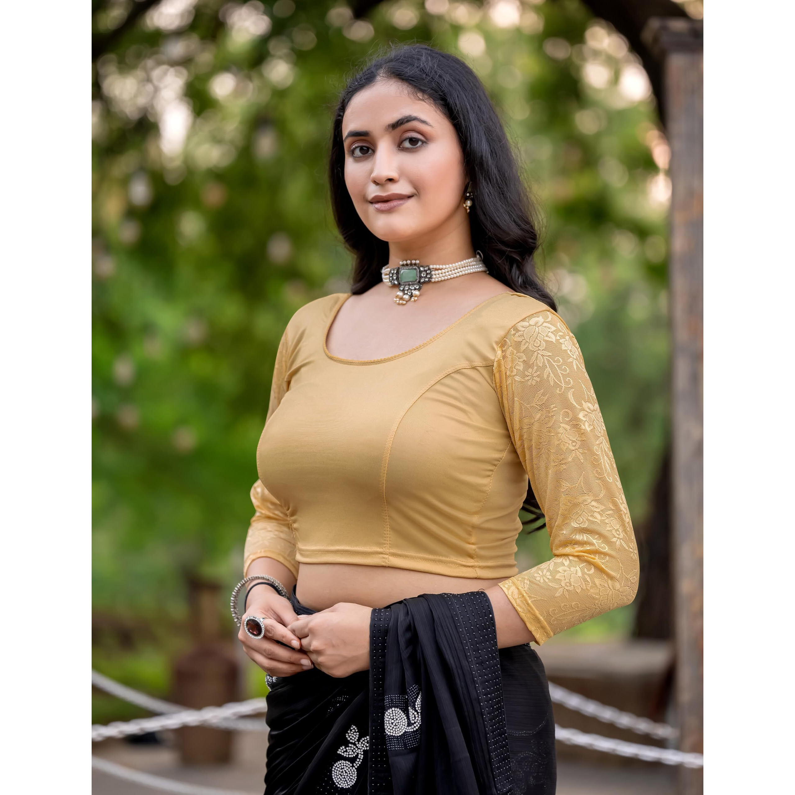 Jaanvi fashion Women's Stretchable Cotton Lycra Readymade Long Sleeves Saree Blouse (Fiona-Gold-s)