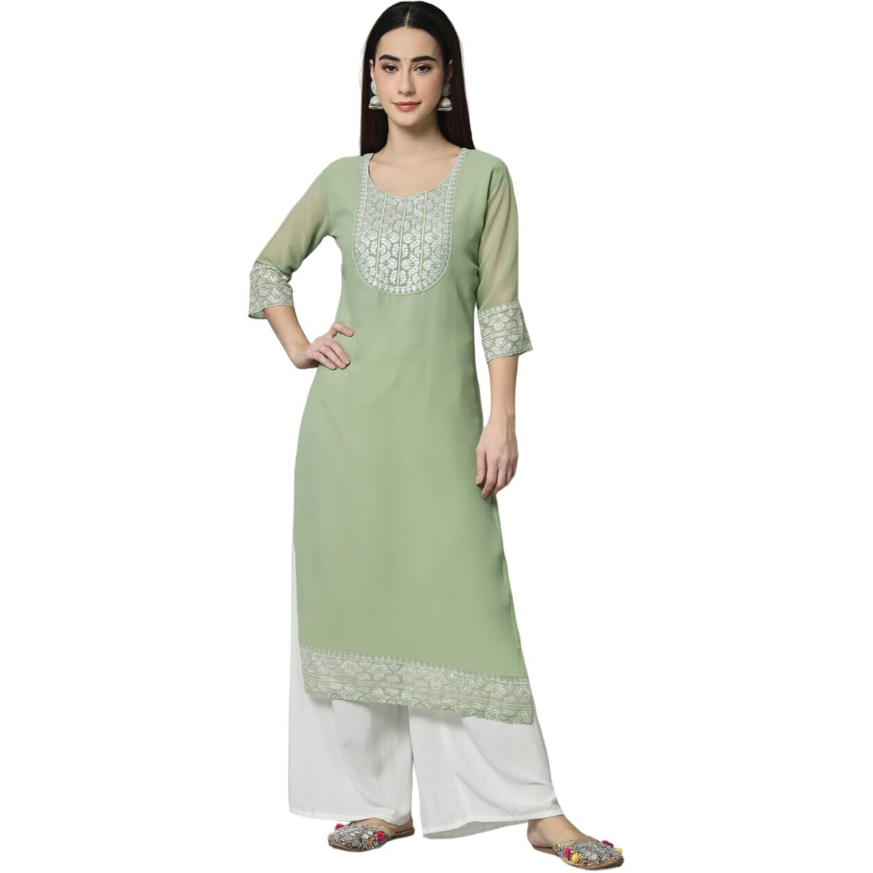 VAIRAGEE Women's Georgette Straight Cut Round Neck Kurta with Beautiful Lucknowi Embroidery Thread Work (1541)