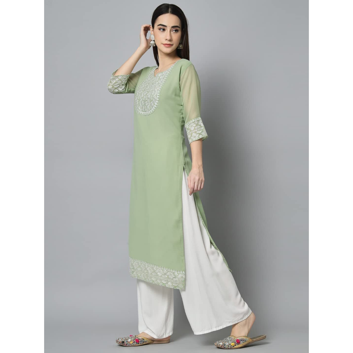 VAIRAGEE Women's Georgette Straight Cut Round Neck Kurta with Beautiful Lucknowi Embroidery Thread Work (1541)