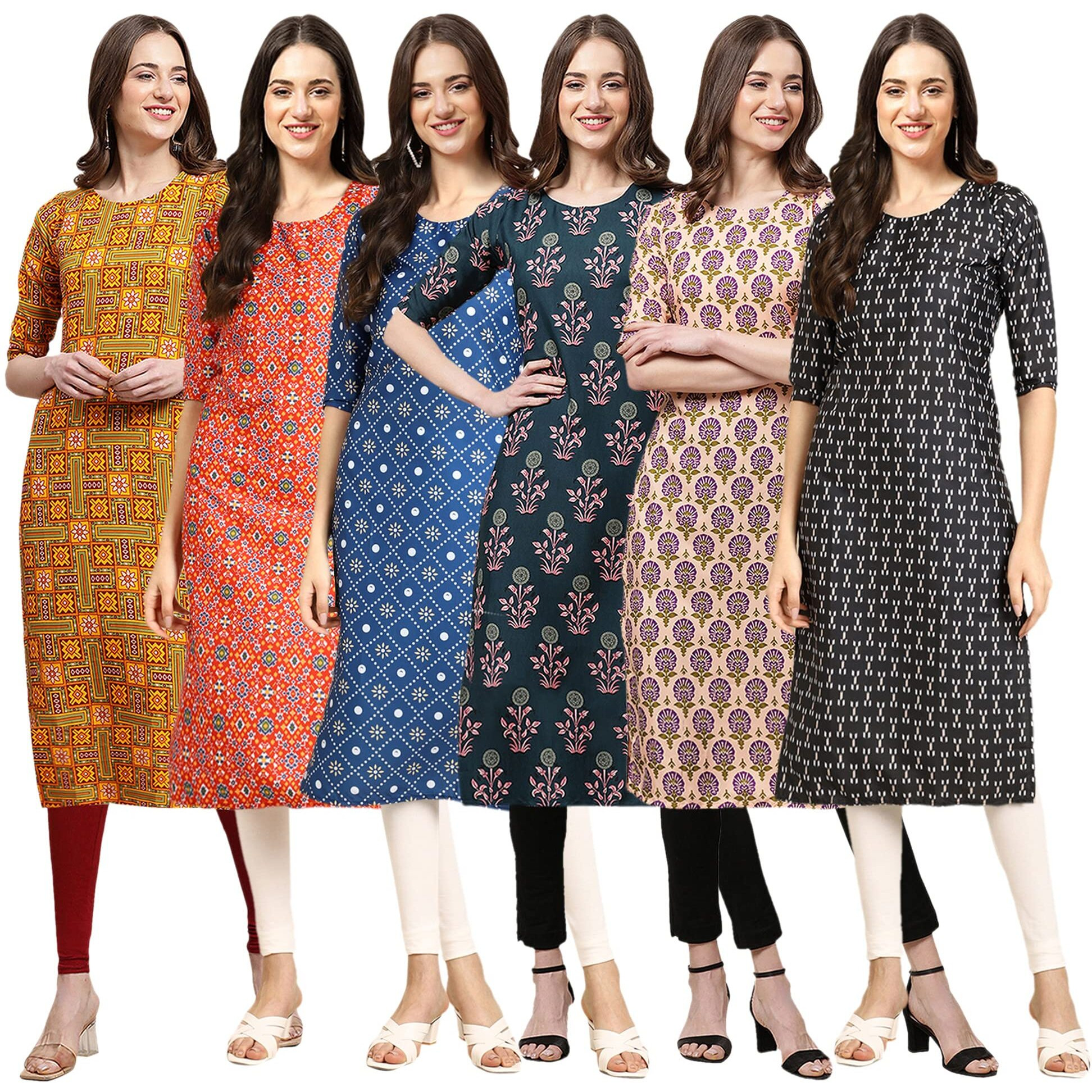 Pinkmint Women's Crepe Digital Print Straight Kurta(Pack of 6)[QV-333-365-353-335-332-362-XL]