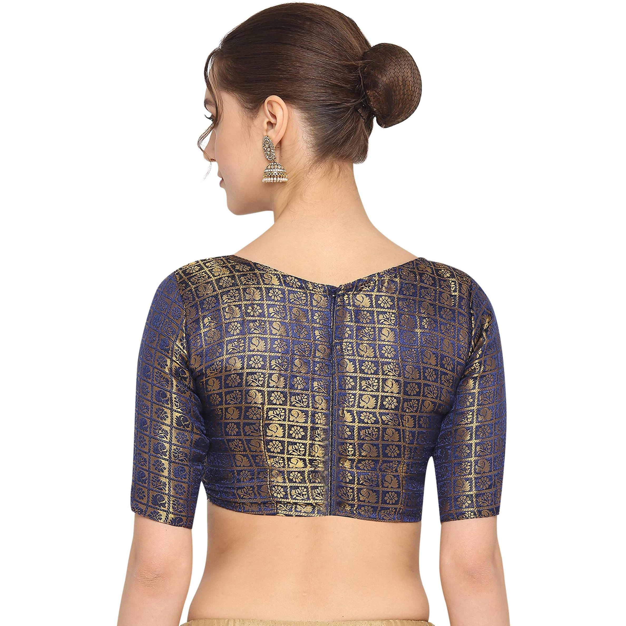OOMPH Women's Art Silk Floral Half Sleeve Saree Blouse (rbbl19s_Navy Blue_S)