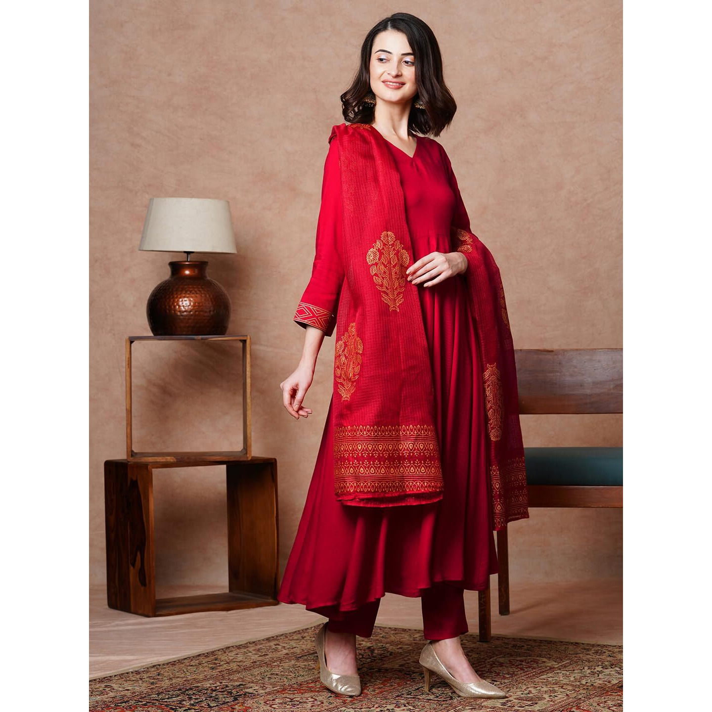 ANNI DESIGNER Women's Rayon Blend Solid Anarkali Kurta with Pant & Dupatta (Magic-RED-NDM_M_Red_Medium)