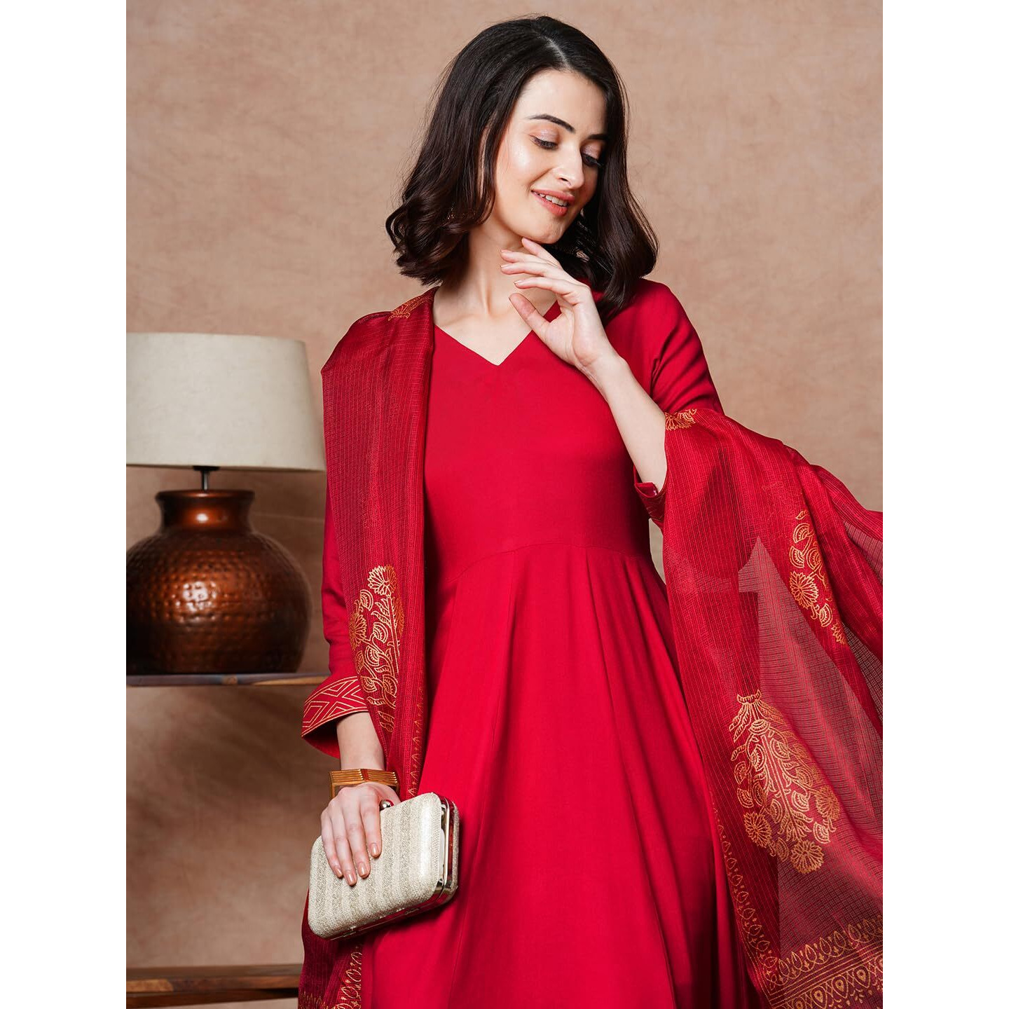 ANNI DESIGNER Women's Rayon Blend Solid Anarkali Kurta with Pant & Dupatta (Magic-RED-NDM_M_Red_Medium)