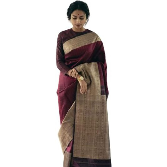 Flosive Women's Maroon Kanjivaram Silk Saree With Zari Weaving With Blouse