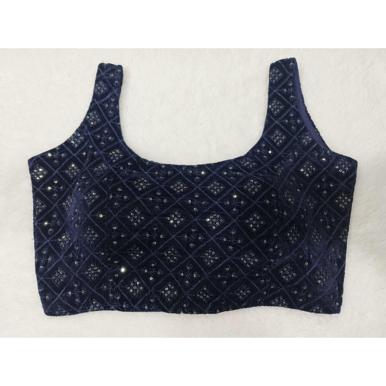 Pujia Mills Indian Ethnic wear Readymade Designer Blouse Velvet Sleevless Blouse Matching Embroidery with Sequence Work deep Neck Bollywood Style Navy Blue Color Readymade Blouse
