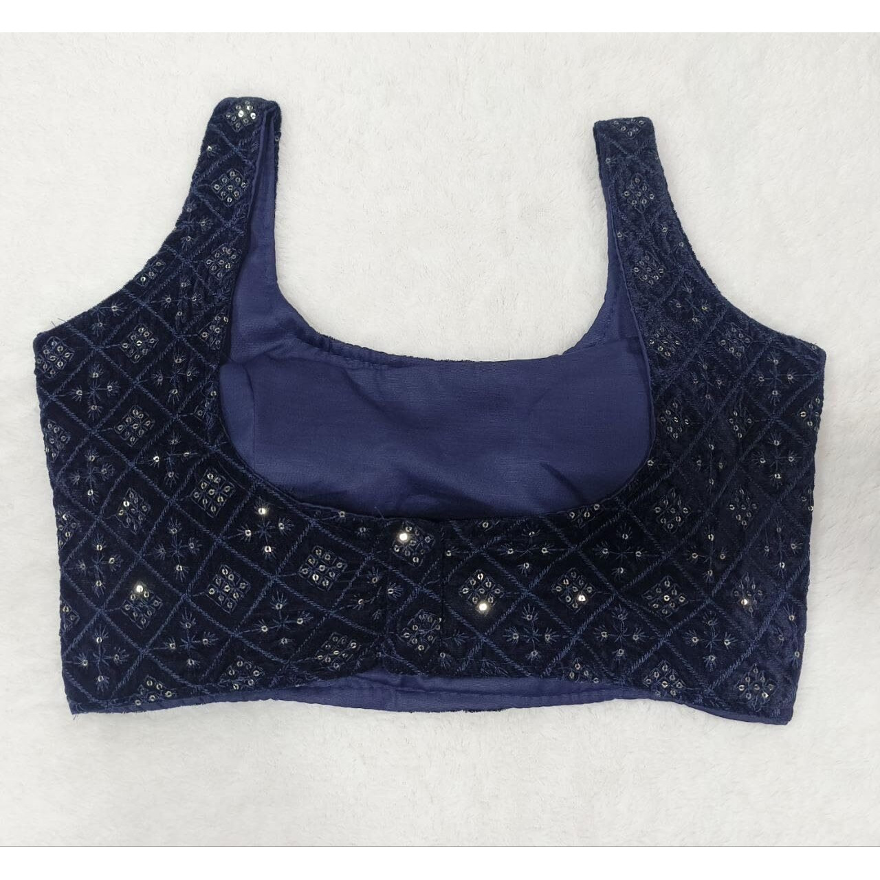 Pujia Mills Indian Ethnic wear Readymade Designer Blouse Velvet Sleevless Blouse Matching Embroidery with Sequence Work deep Neck Bollywood Style Navy Blue Color Readymade Blouse