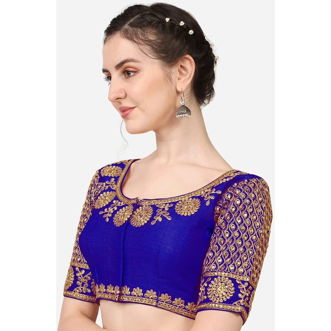 Pujia Mills Embroidery & Thread Work Phantom Silk Readymade Blouse Royal
