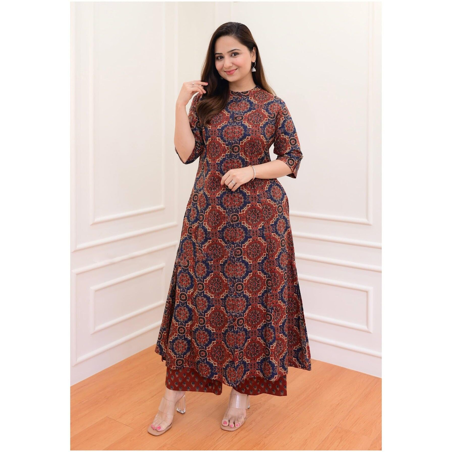GoSriKi Women's Cotton Blend Straight Printed Kurta with Palazzo (ABP Maroon-NW-GS_M_Wine_Medium)