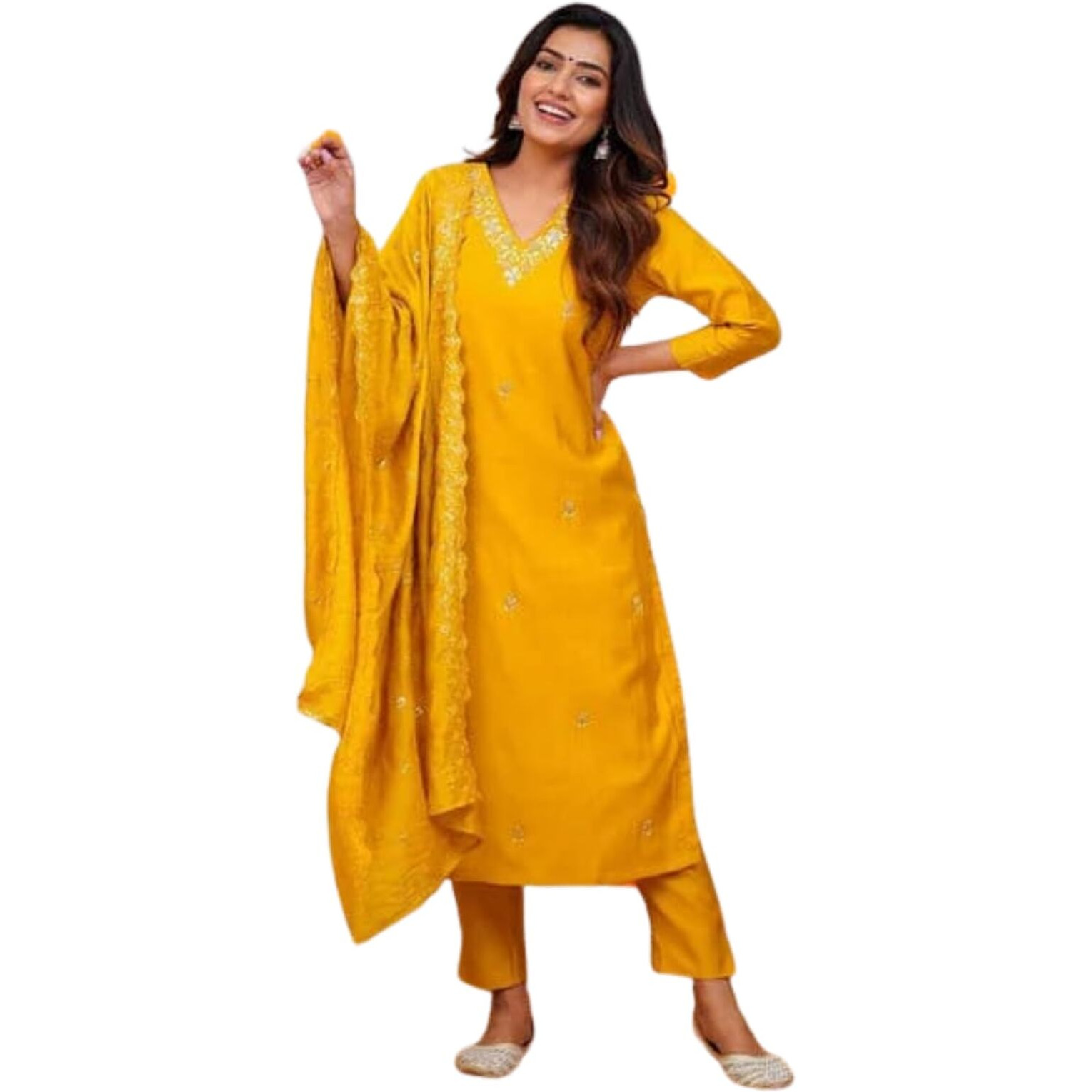 Anveri Textiles Women's Yellow Chanderi Silk 3/4 Sleeve V Neck Floral Embroidered Casual Regular Straight Kurti and Pant With Dupatta | Salwar Suit Sets for Women (205_Sanayellow_XL)