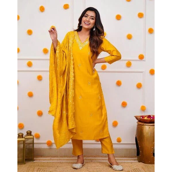 Anveri Textiles Women's Yellow Chanderi Silk 3/4 Sleeve V Neck Floral Embroidered Casual Regular Straight Kurti and Pant With Dupatta | Salwar Suit Sets for Women (205_Sanayellow_XL)