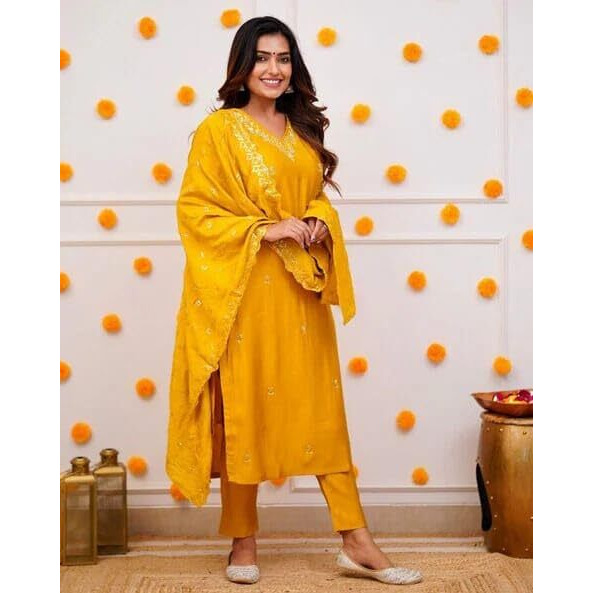 Anveri Textiles Women's Yellow Chanderi Silk 3/4 Sleeve V Neck Floral Embroidered Casual Regular Straight Kurti and Pant With Dupatta | Salwar Suit Sets for Women (205_Sanayellow_XL)