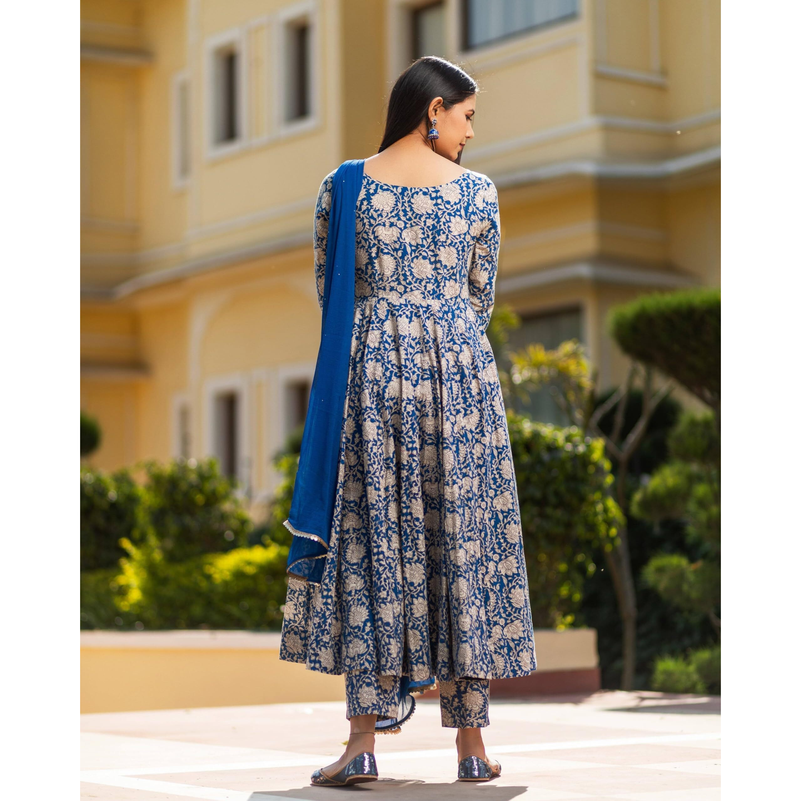 GoSriKi Women's Rayon Blend Bagru Printed Anarkali Kurta with Pant & Dupatta (SUKHKARNI-Blue-GS_M_Blue_Medium)
