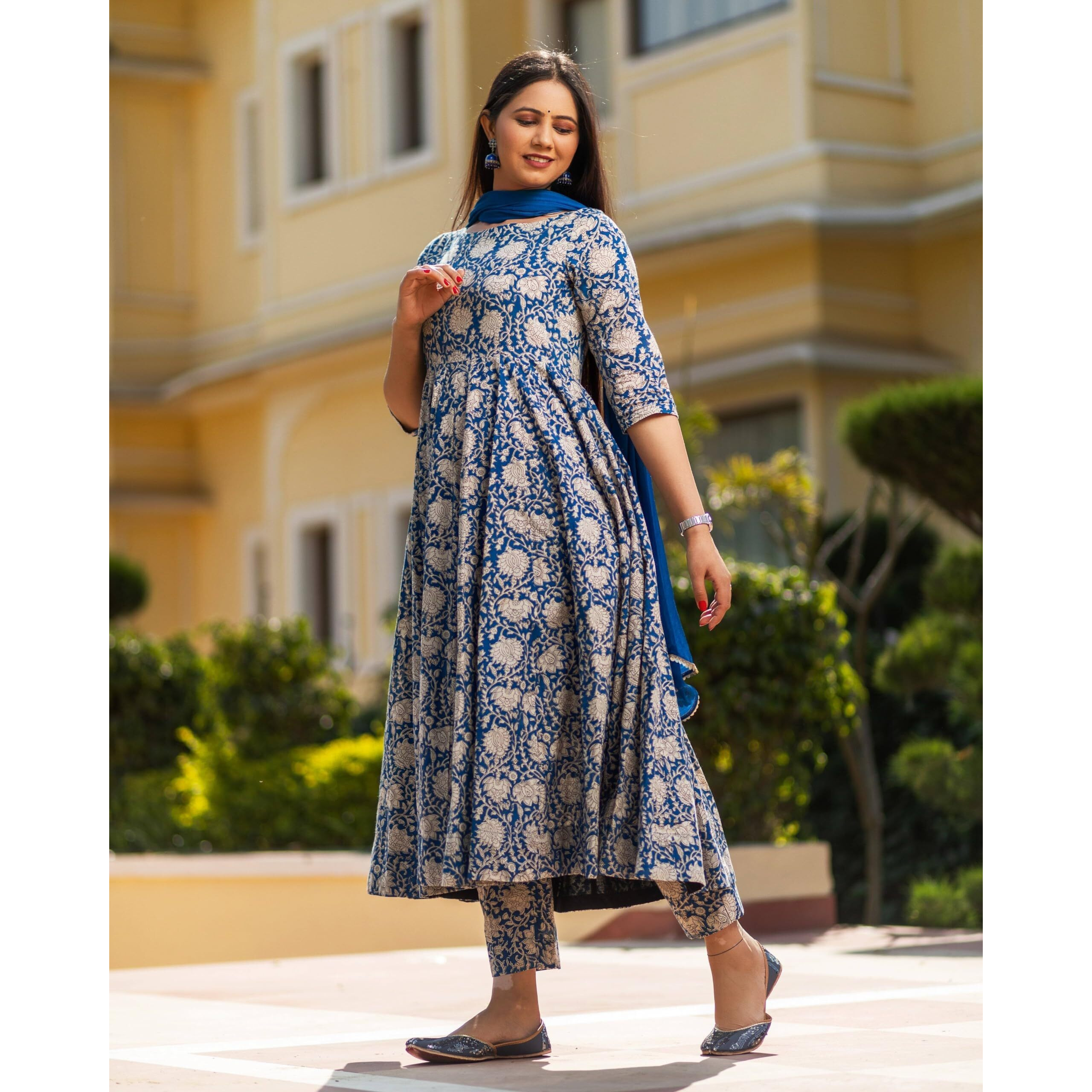 GoSriKi Women's Rayon Blend Bagru Printed Anarkali Kurta with Pant & Dupatta (SUKHKARNI-Blue-GS_M_Blue_Medium)