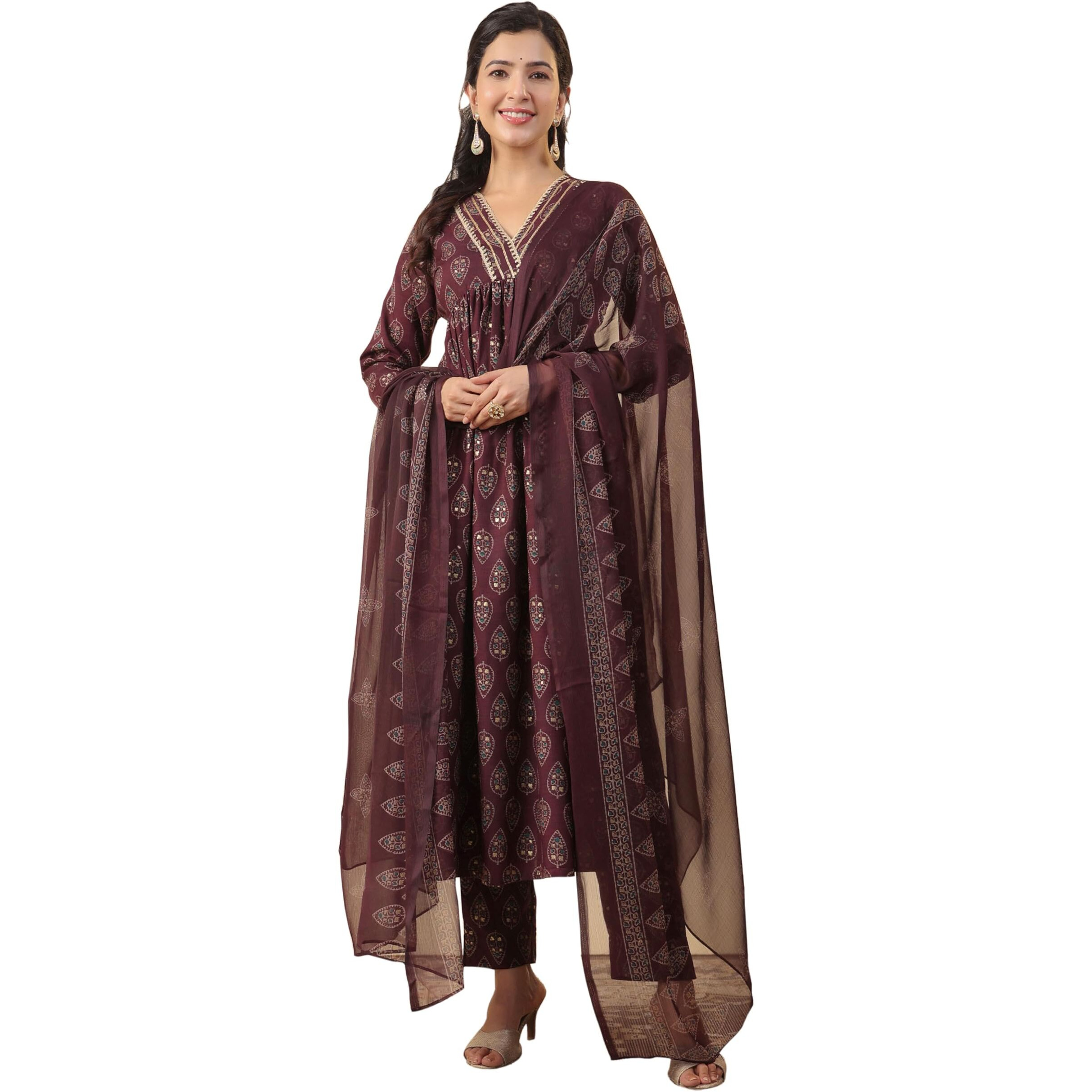 Anekha Women's Wine Rayon Ethnic Motifs Printed A-Line Kurta Pant With Dupatta Set (ANC24ST00442-L)