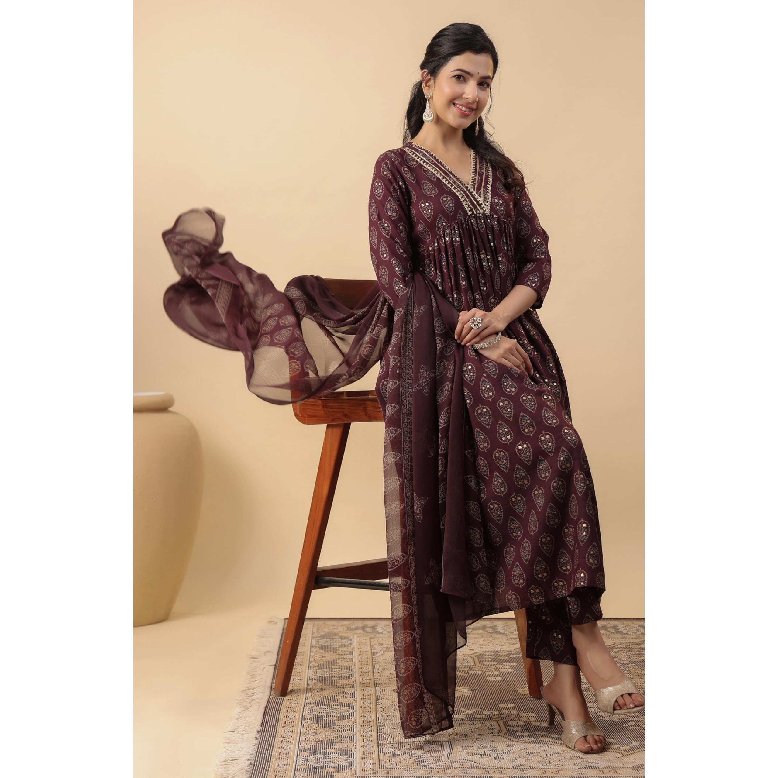 Anekha Women's Wine Rayon Ethnic Motifs Printed A-Line Kurta Pant With Dupatta Set (ANC24ST00442-L)