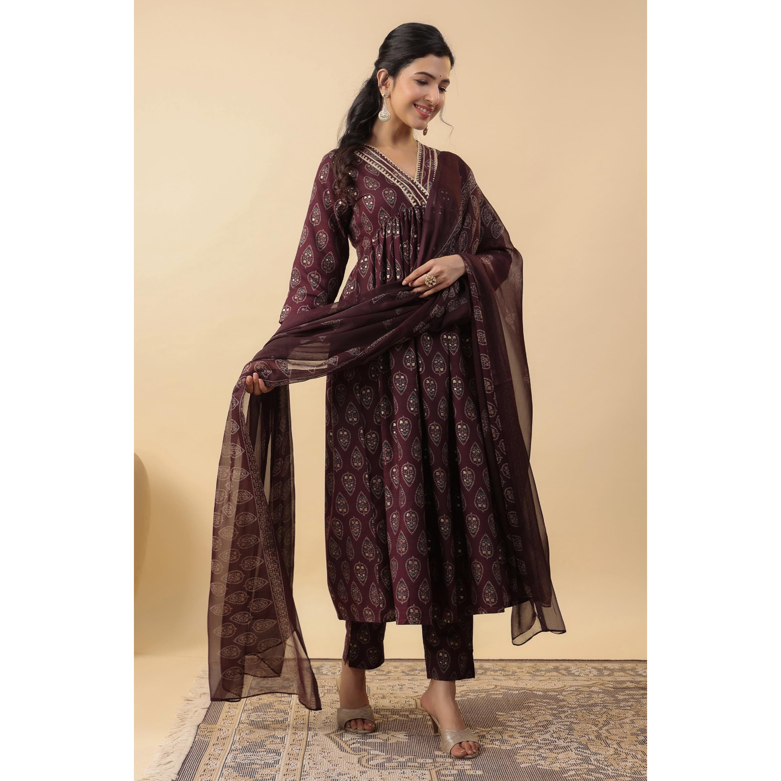 Anekha Women's Wine Rayon Ethnic Motifs Printed A-Line Kurta Pant With Dupatta Set (ANC24ST00442-L)