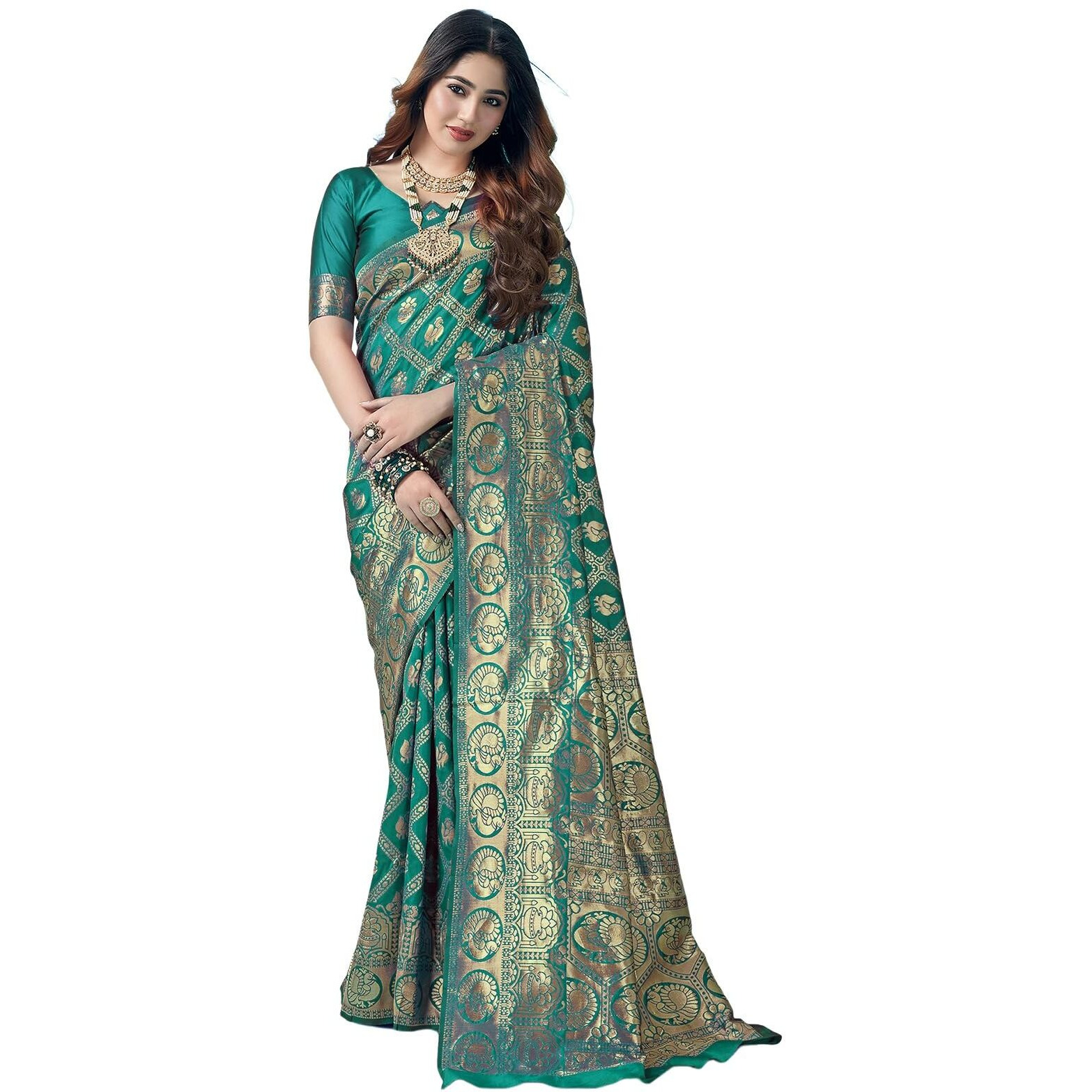 SWARON Women's Art Silk Banarasi Jacquard Saree with Unstitched Blouse Piece (3412S152NW_Rama Green & Gold)