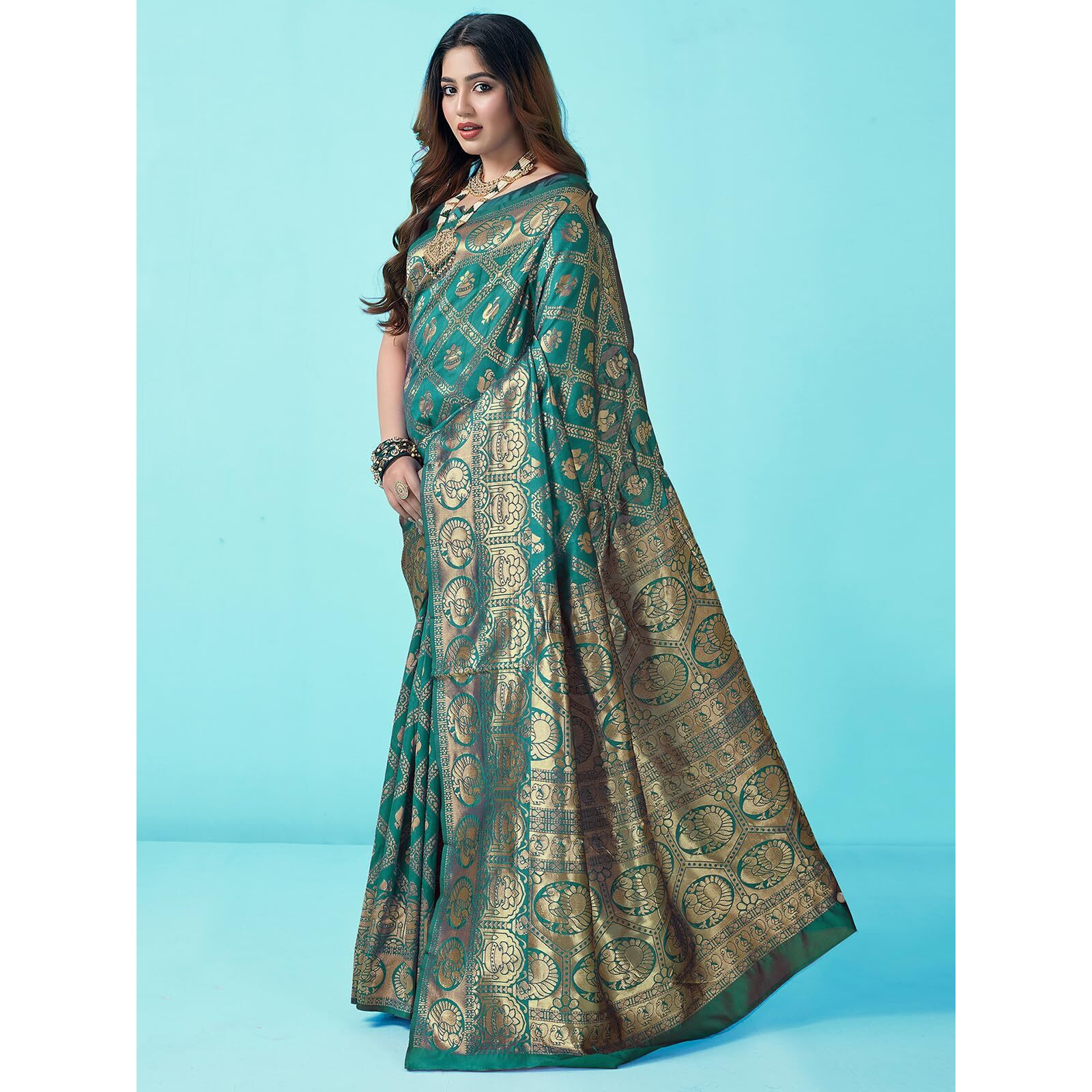 SWARON Women's Art Silk Banarasi Jacquard Saree with Unstitched Blouse Piece (3412S152NW_Rama Green & Gold)