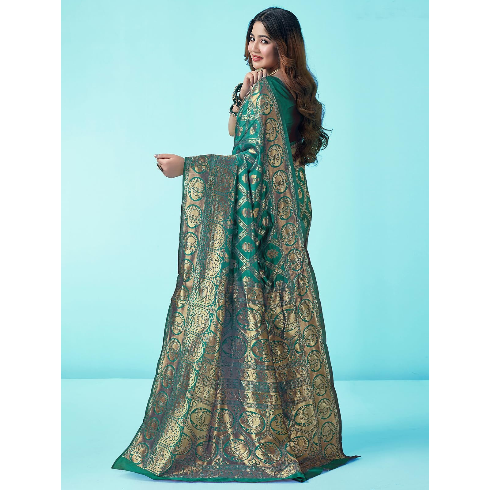SWARON Women's Art Silk Banarasi Jacquard Saree with Unstitched Blouse Piece (3412S152NW_Rama Green & Gold)