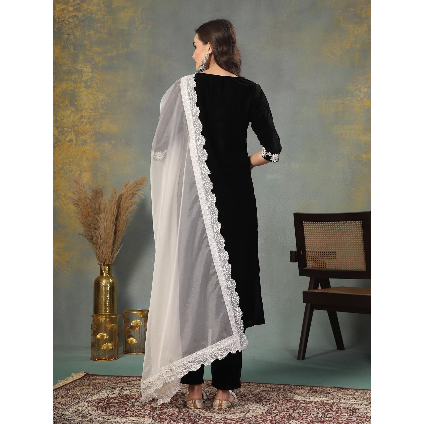 Stylum Women's Solid & Embroidered Velvet Straight Kurta Pant Dupatta Set (KPDBLACKSAYRA42_Black, XL)