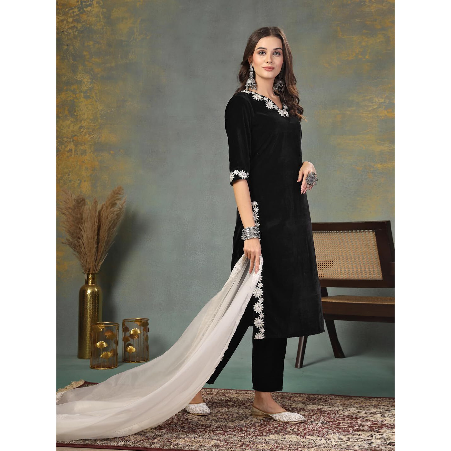 Stylum Women's Solid & Embroidered Velvet Straight Kurta Pant Dupatta Set (KPDBLACKSAYRA42_Black, XL)