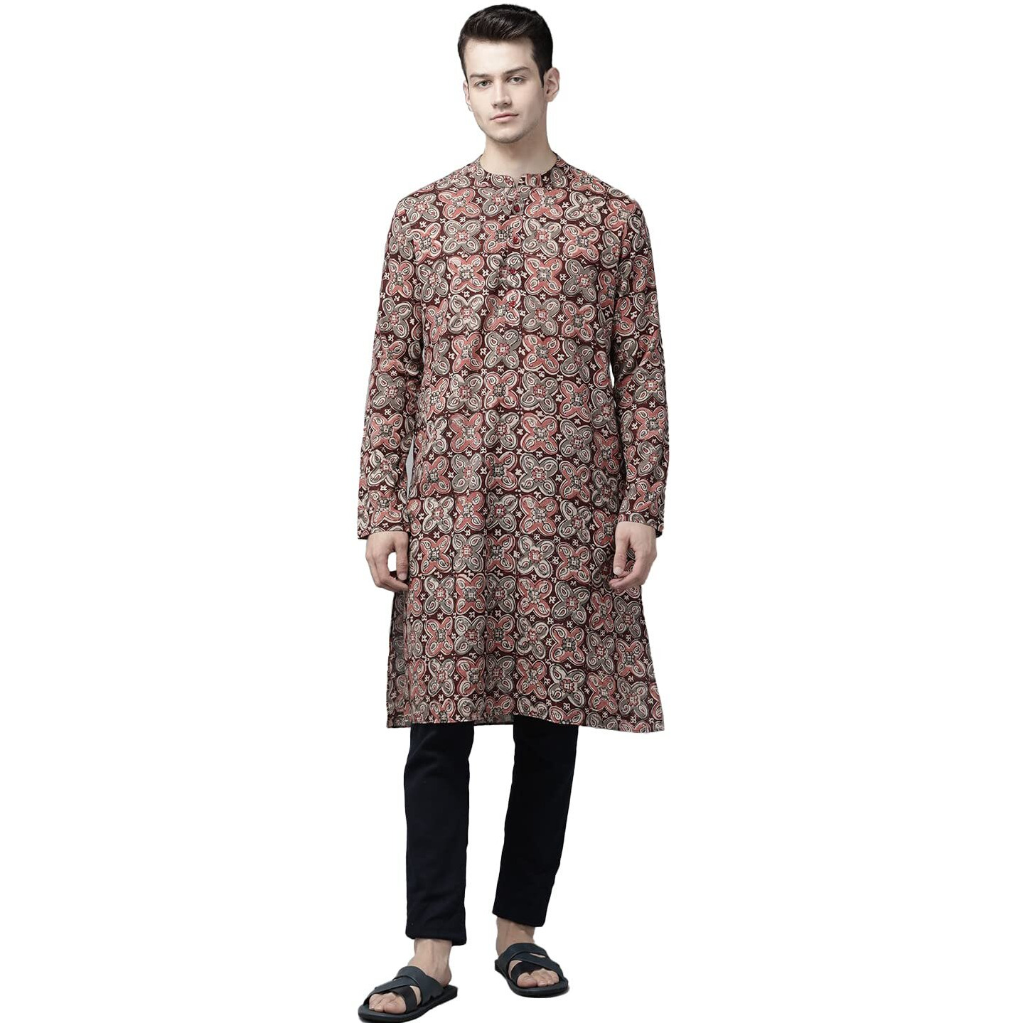 See Designs Maroon and Beige Kalamkari Print Straight Kurta Long Sleeves_SDKT951XS