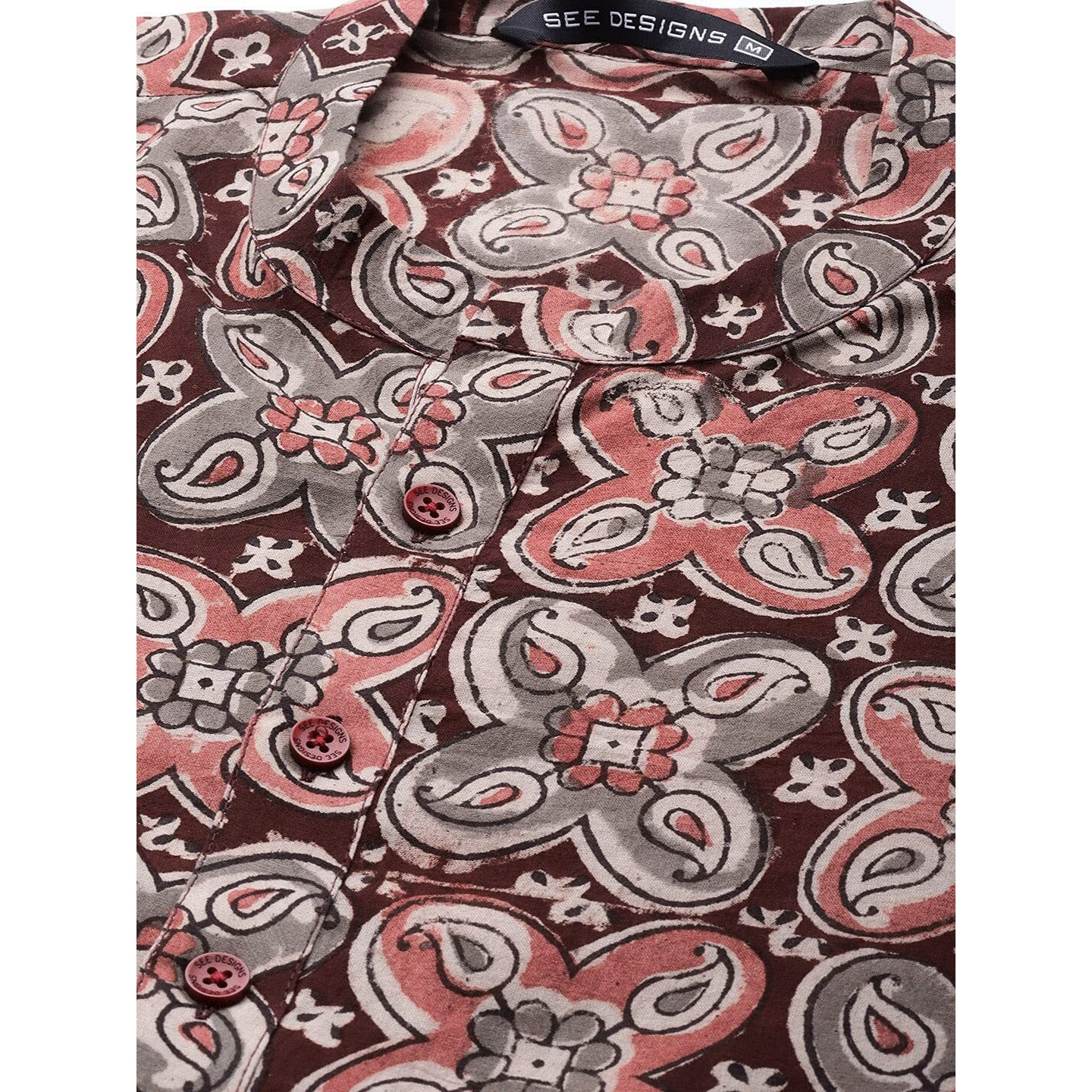 See Designs Maroon and Beige Kalamkari Print Straight Kurta Long Sleeves_SDKT951XS