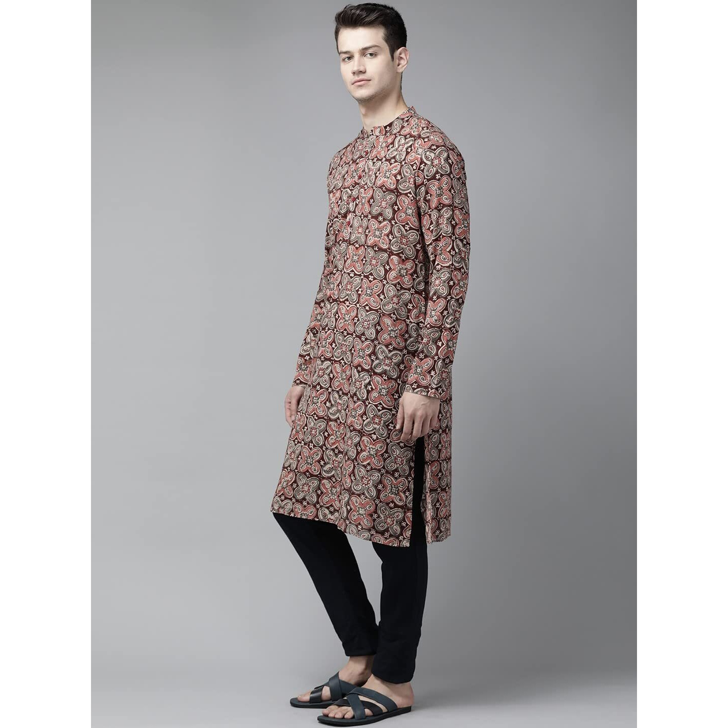 See Designs Maroon and Beige Kalamkari Print Straight Kurta Long Sleeves_SDKT951XS
