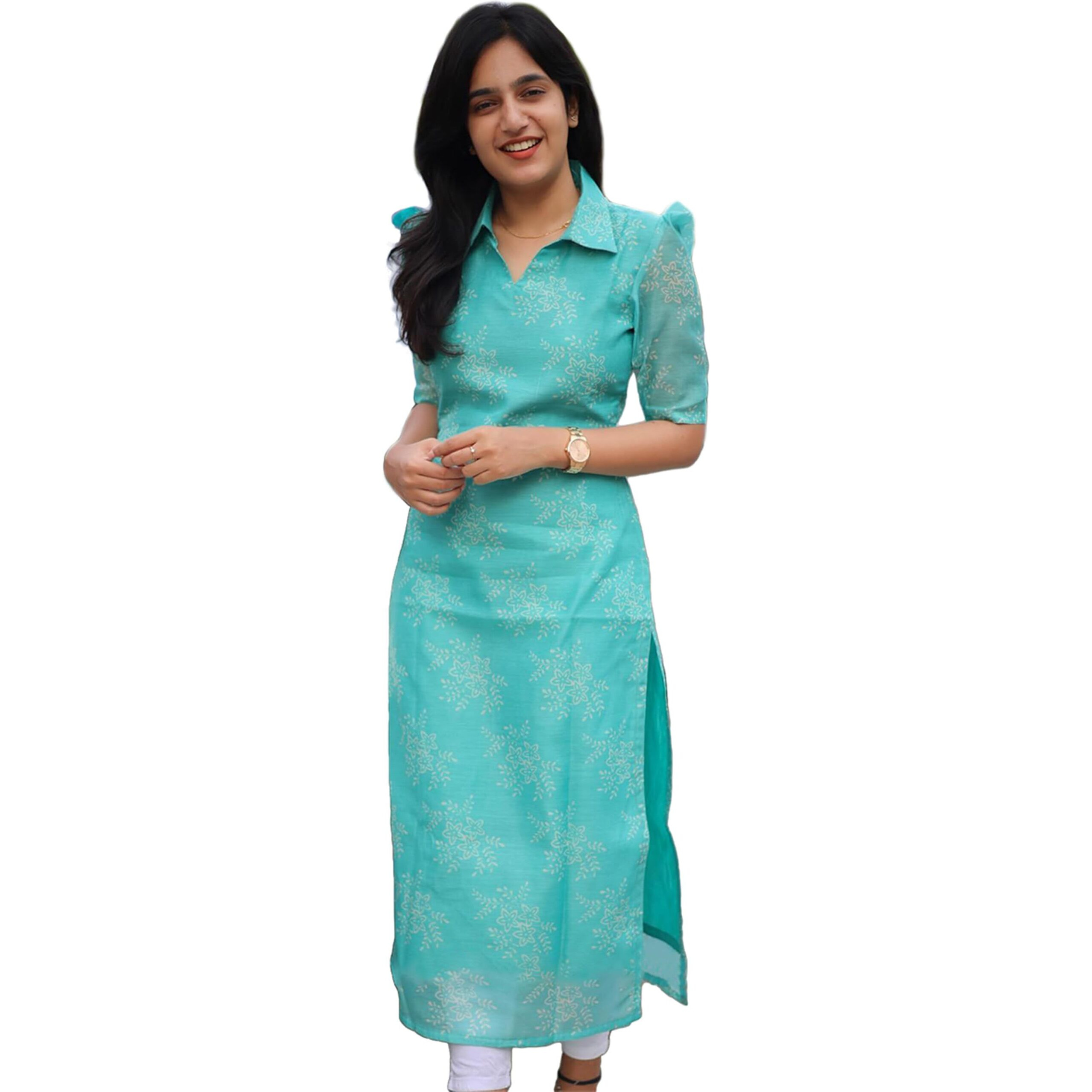 24 Carat Suit Women's Chanderi Straight Printed Long Kurti (2CKT8_Firozi_S)