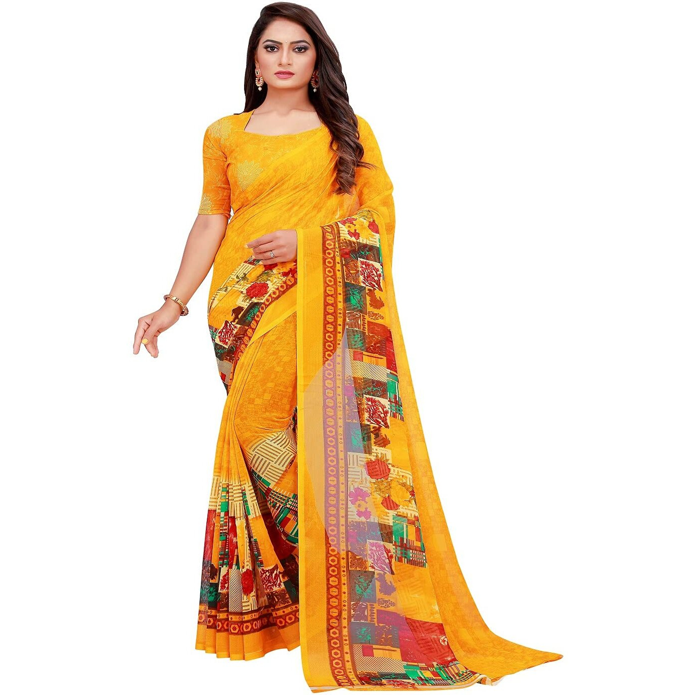VKARAN Women's Yellow Georgette Graphic Print Printed Saree With Unstithed Blouse(FL-Georgette10, Free Size)