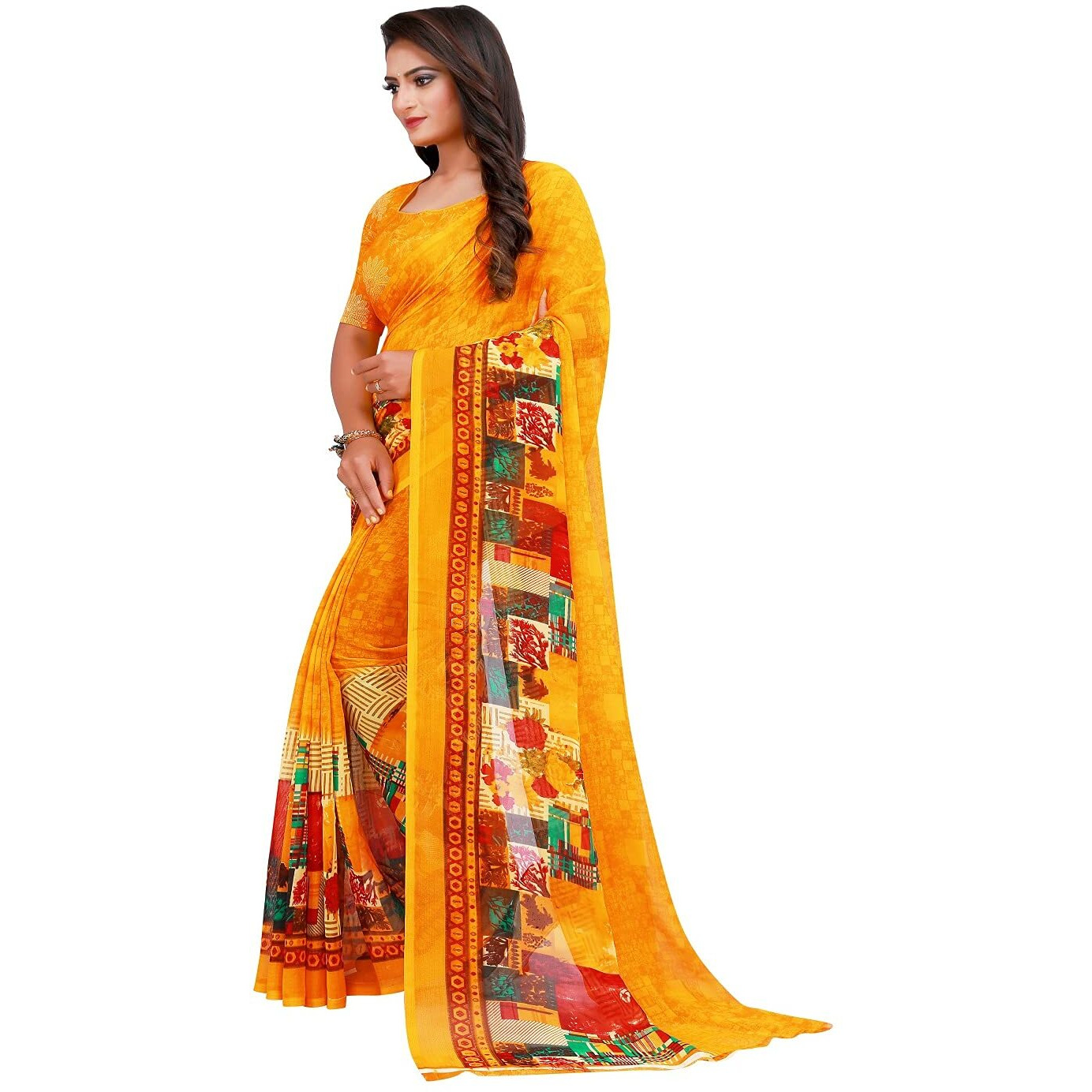 VKARAN Women's Yellow Georgette Graphic Print Printed Saree With Unstithed Blouse(FL-Georgette10, Free Size)