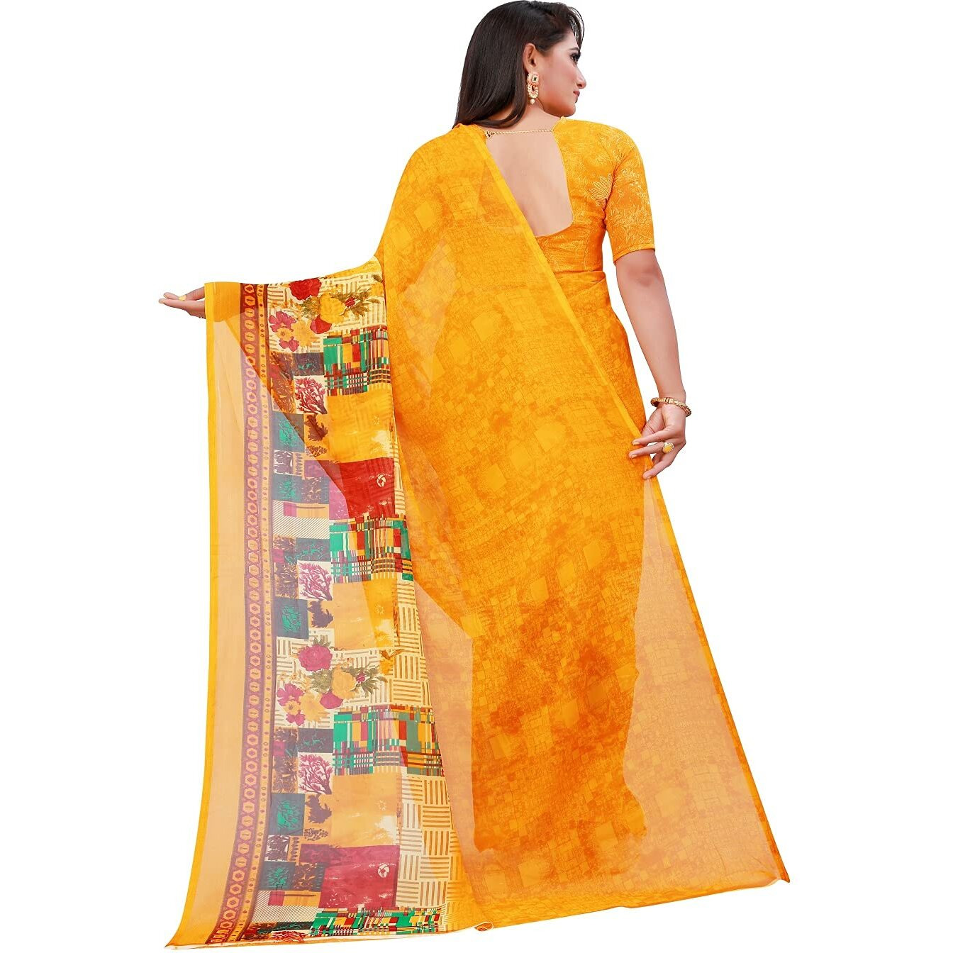 VKARAN Women's Yellow Georgette Graphic Print Printed Saree With Unstithed Blouse(FL-Georgette10, Free Size)