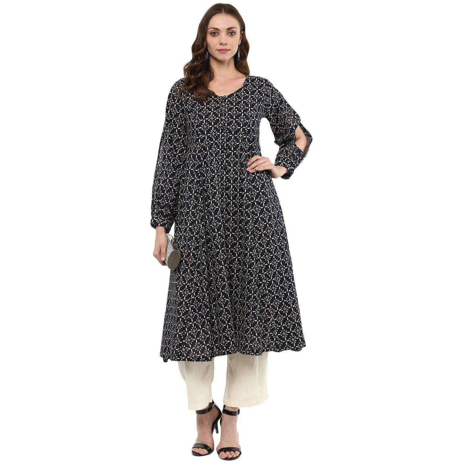 idaLia Cotton Blend Kurta Set for Women, 3/4 Sleeve, Calf-Length, Elegant Design for Special Occasions Navy Blue