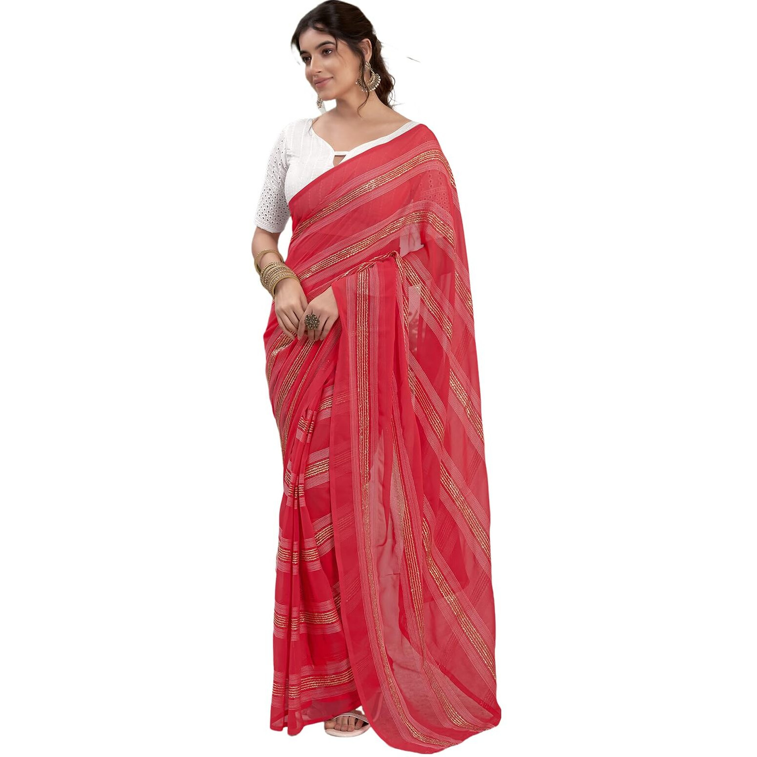 Satrani Women's Georgette Zari Work Ready To Wear Saree with Unstitched Blouse Piece (14RS133N_Punch Pink)