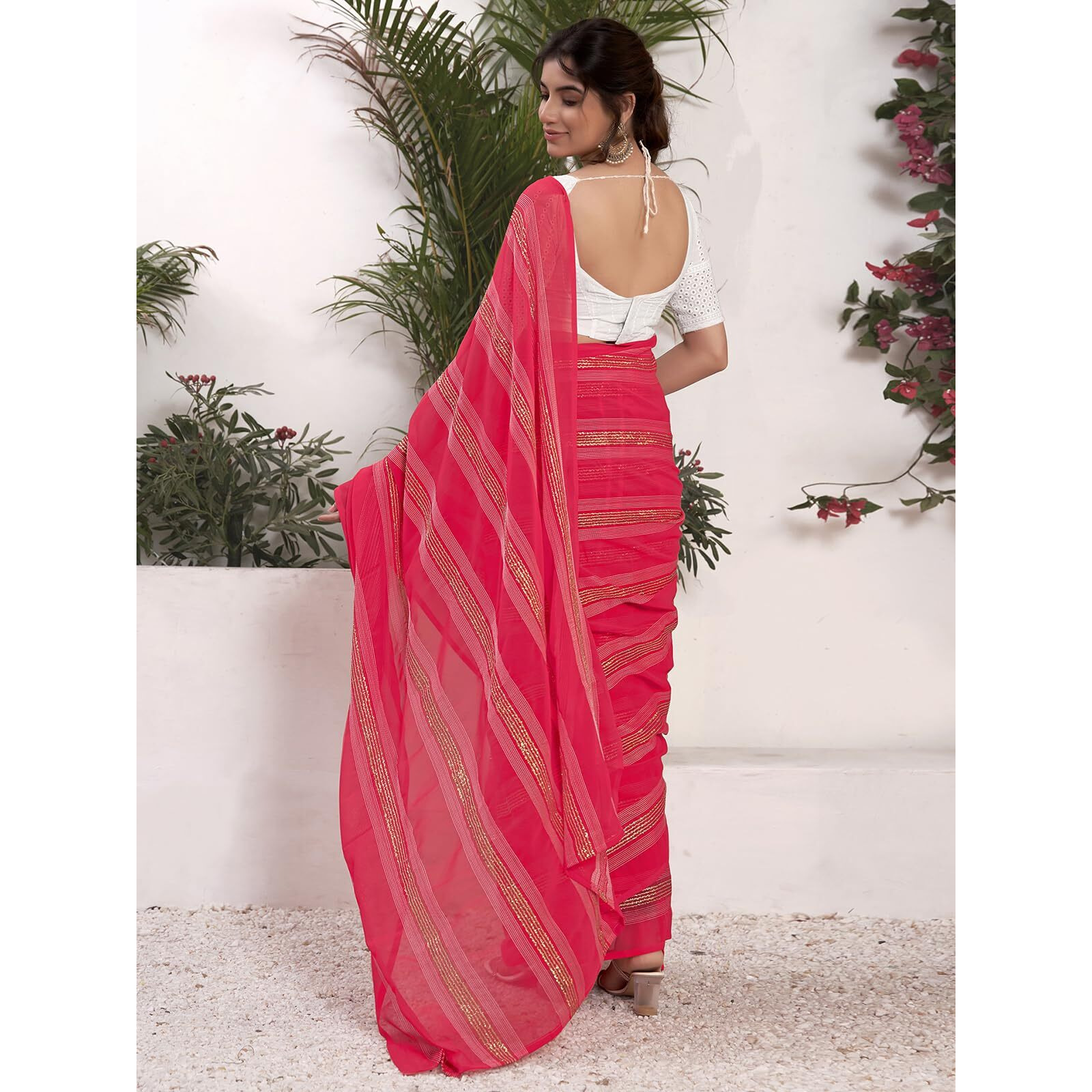 Satrani Women's Georgette Zari Work Ready To Wear Saree with Unstitched Blouse Piece (14RS133N_Punch Pink)