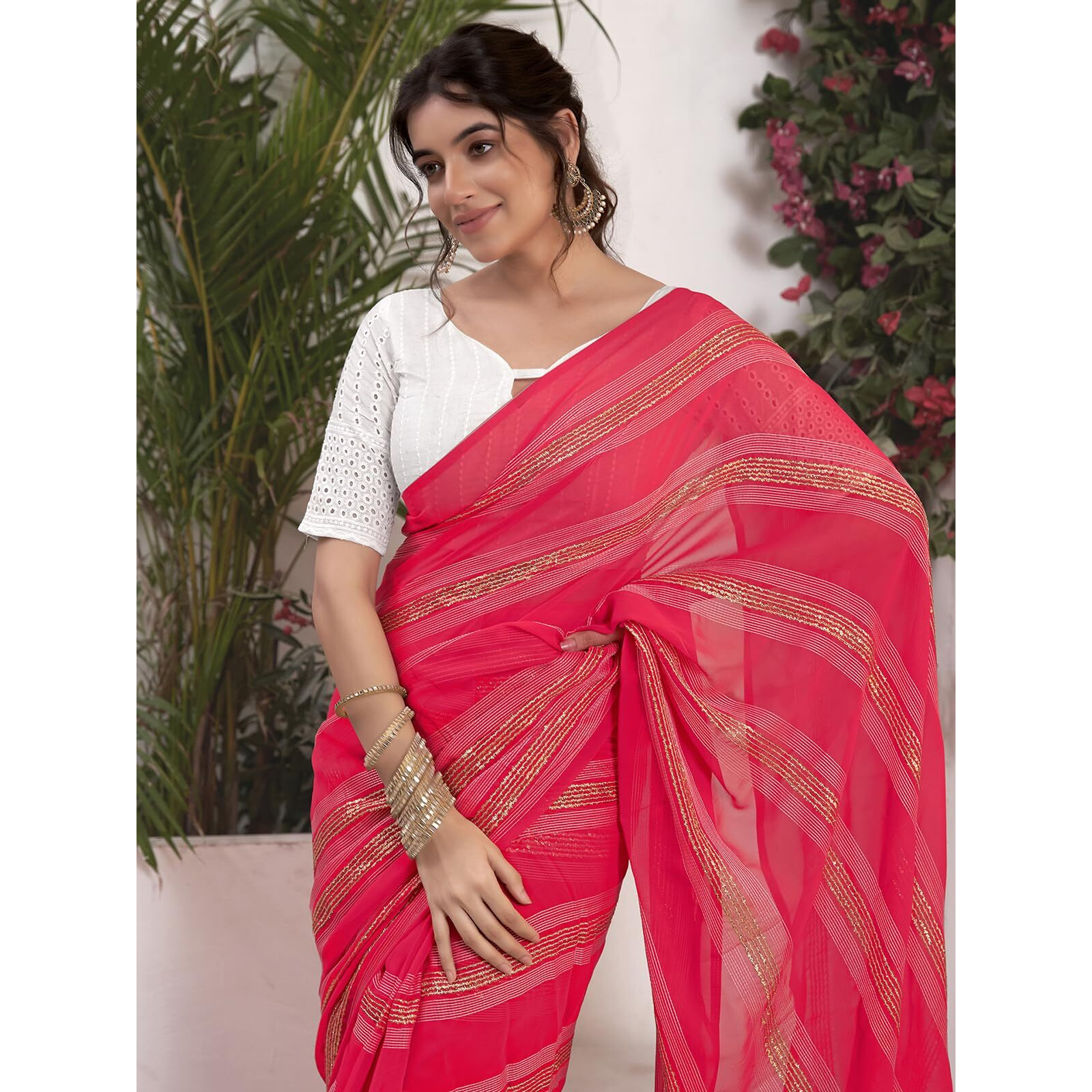 Satrani Women's Georgette Zari Work Ready To Wear Saree with Unstitched Blouse Piece (14RS133N_Punch Pink)