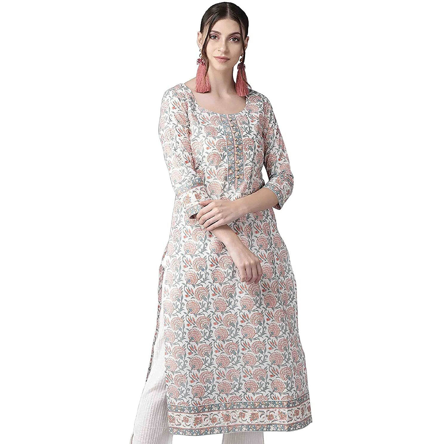 LookMark Women's Cotton Floral Regular Kurta (K1041-L_Off-White_L)