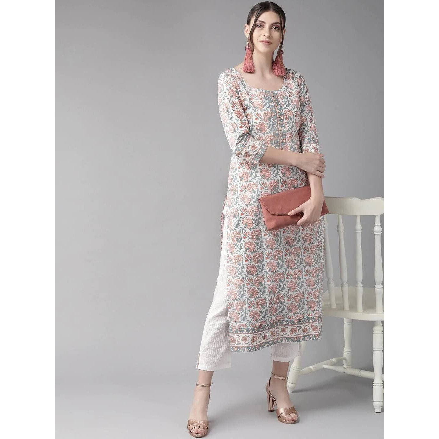 LookMark Women's Cotton Floral Regular Kurta (K1041-L_Off-White_L)