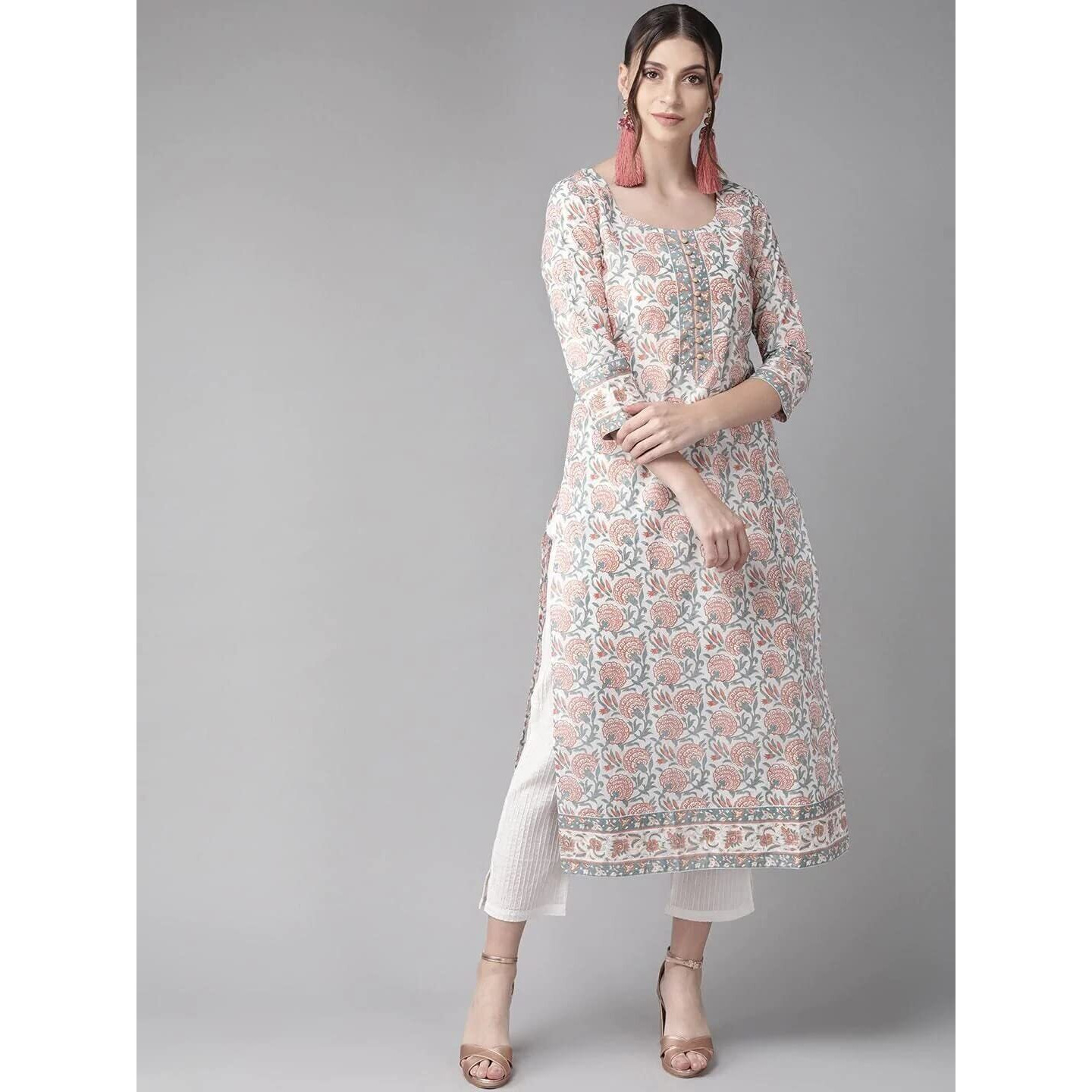 LookMark Women's Cotton Floral Regular Kurta (K1041-L_Off-White_L)