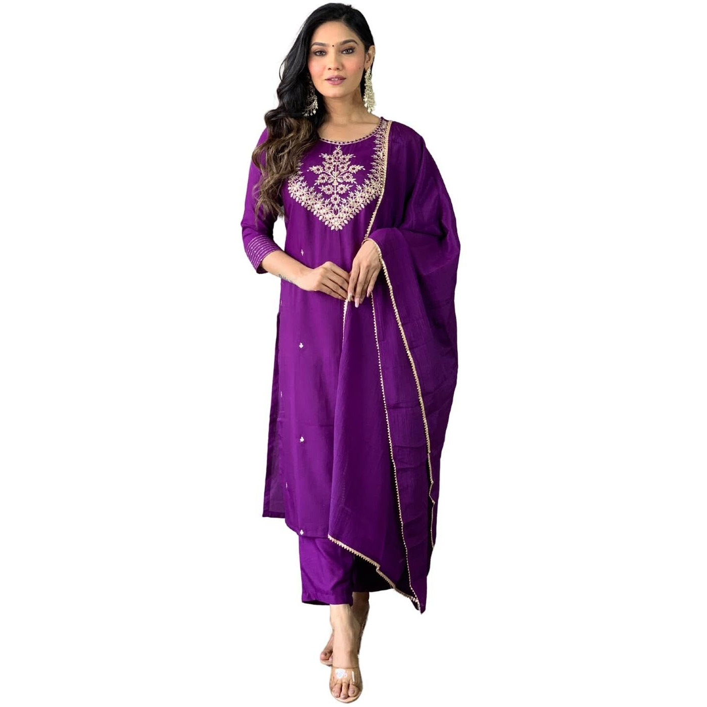 Naixa Women's Wine Slub Rayon Embroidered Worked Straight Kurta with Pant and Dupatta Set
