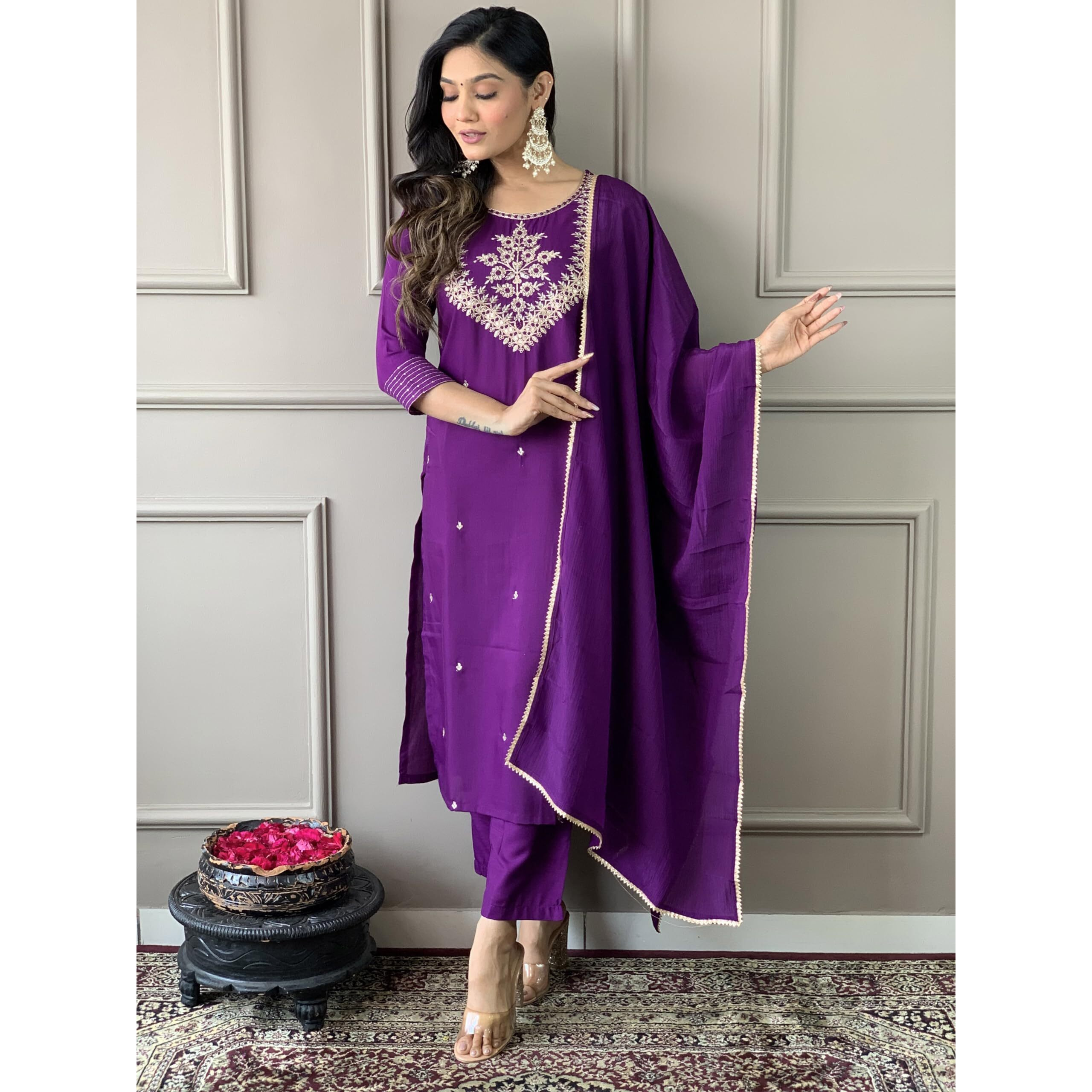 Naixa Women's Wine Slub Rayon Embroidered Worked Straight Kurta with Pant and Dupatta Set
