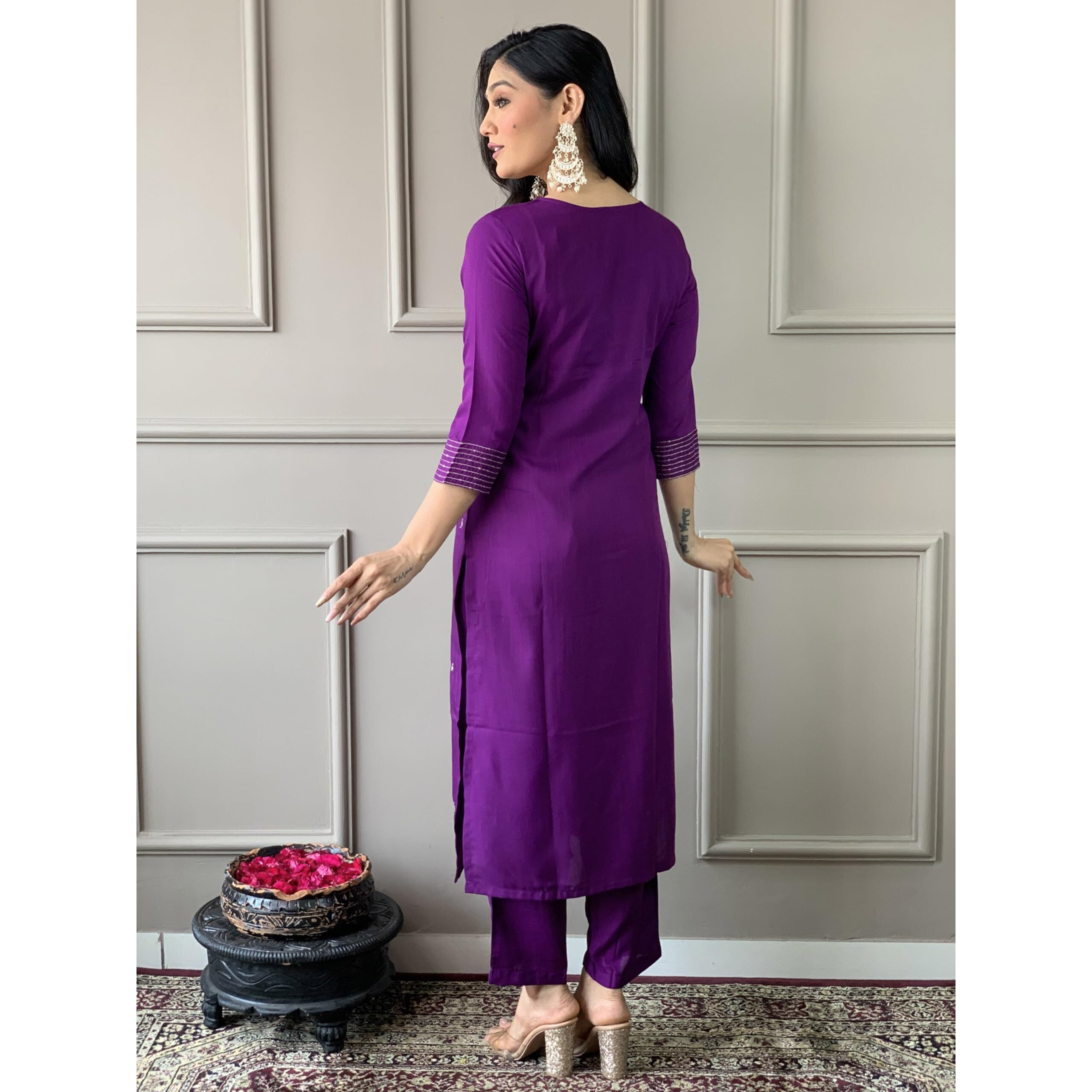 Naixa Women's Wine Slub Rayon Embroidered Worked Straight Kurta with Pant and Dupatta Set