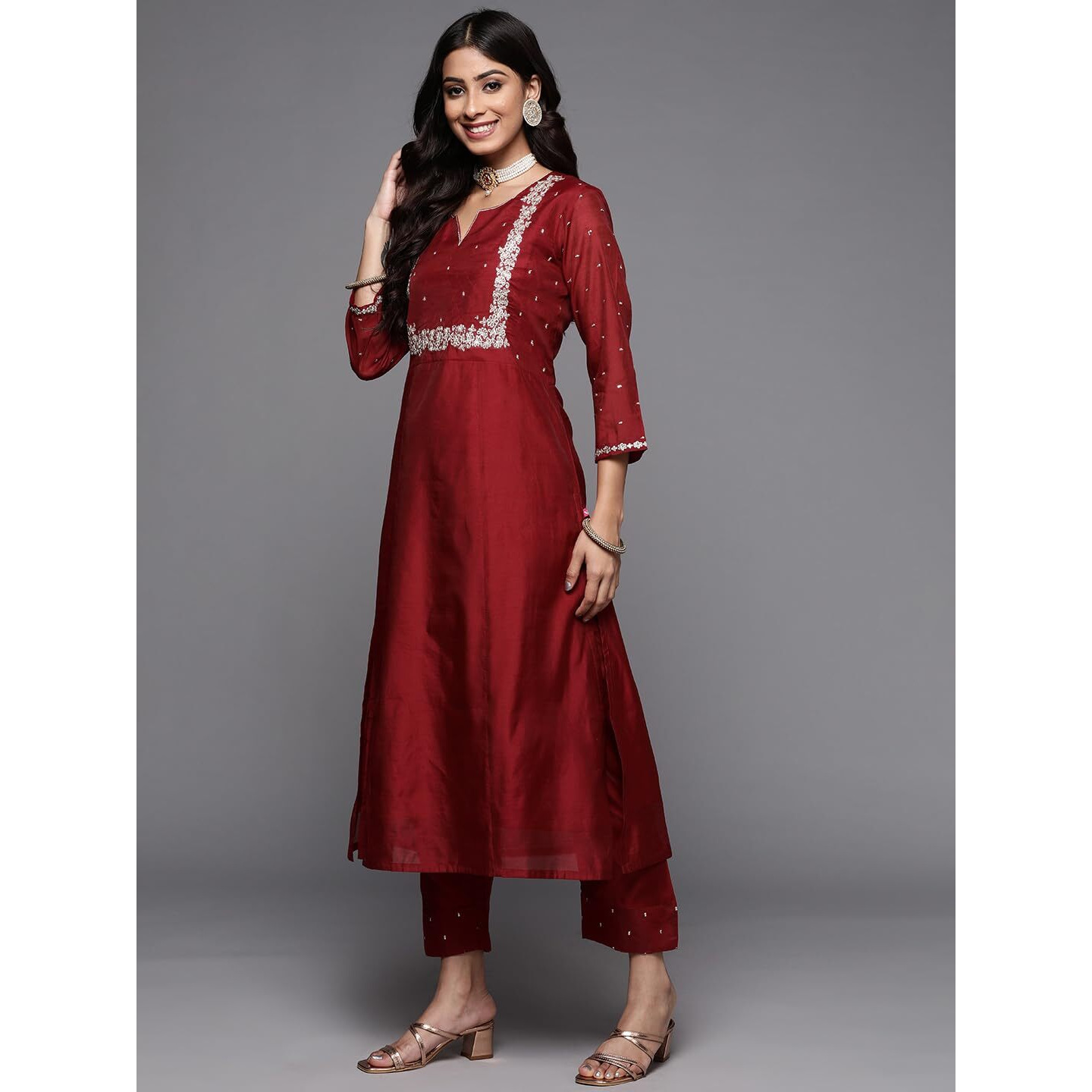 VARANGA embroidered chanderi kurta paired with embroidered trousers and digital printed dupatta