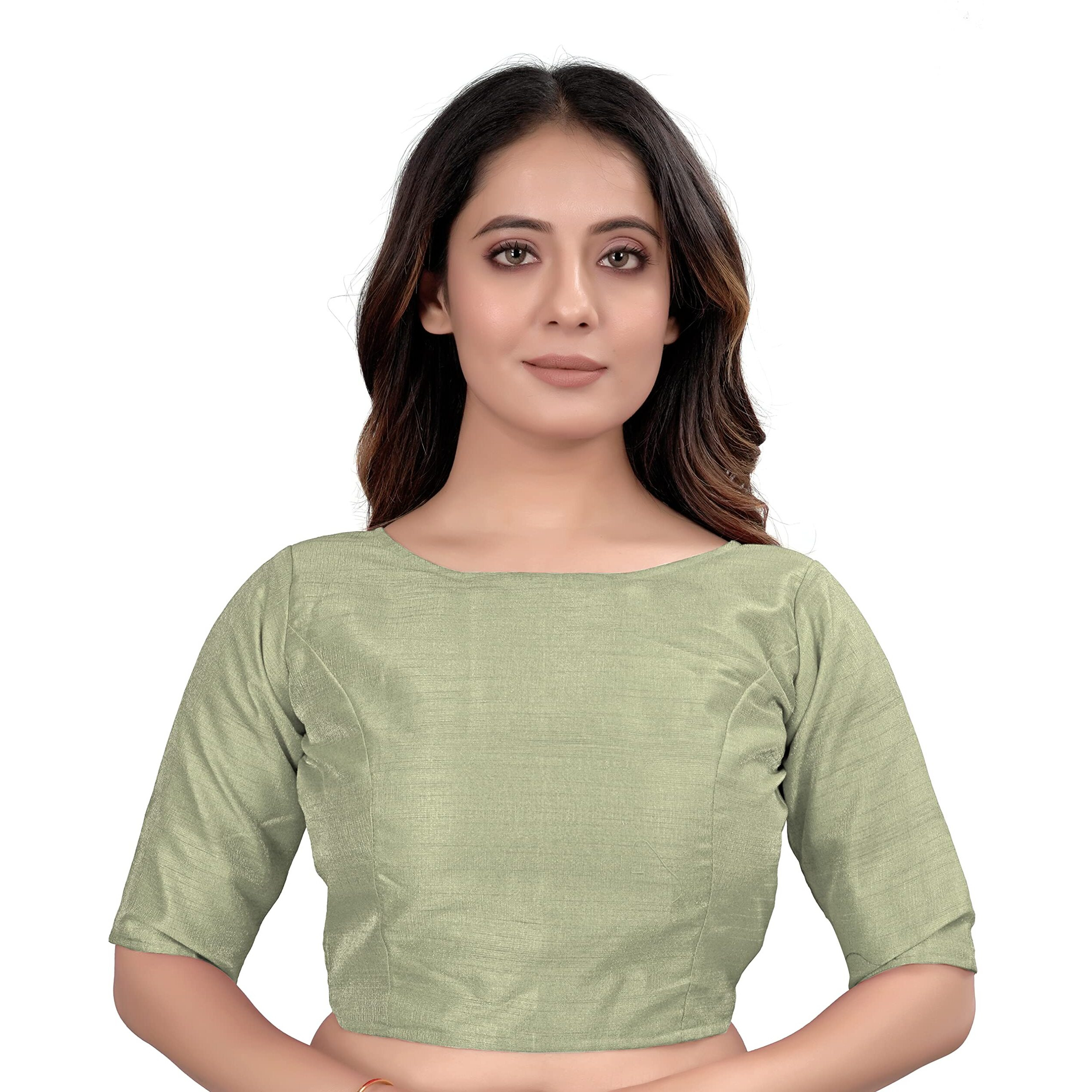 Sumaira Tex Women's Slub Silk Boat Neck with Elbow Length Sleeve Plain Fancy Blouse(Slub Pista_M)
