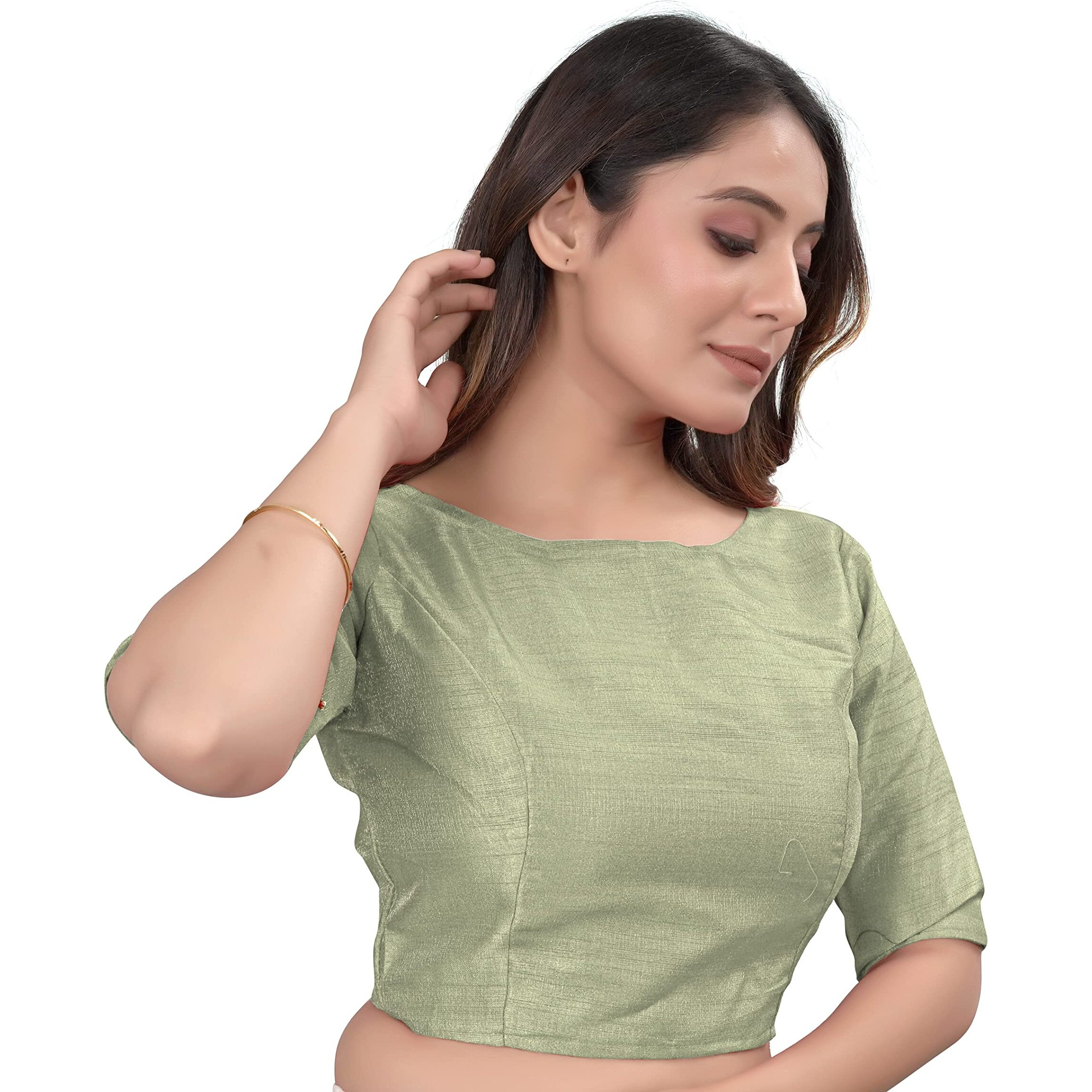 Sumaira Tex Women's Slub Silk Boat Neck with Elbow Length Sleeve Plain Fancy Blouse(Slub Pista_M)