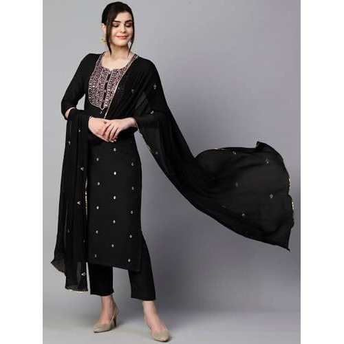 ANNI DESIGNER Women's Cotton Blend Embroidered Straight Kurta with Pant & Dupatta (KASTURI Black-APL_XXL_Black_XX-Large)