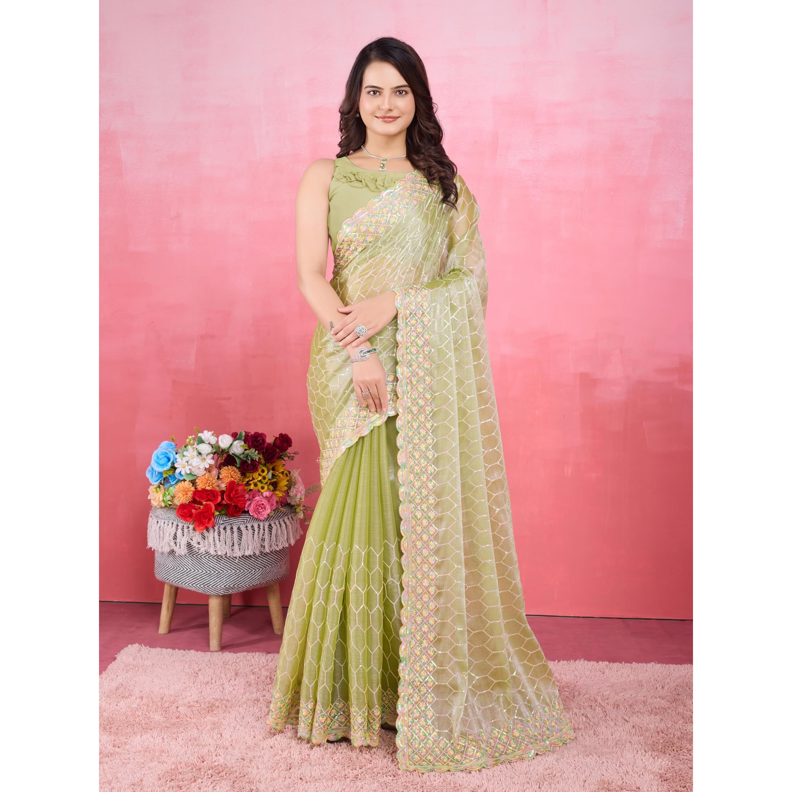 VAIRAGEE Women Soft Burberry Silk Hexagon Shape Sequnce Embroidery Saree With Unstiched Blouse(6267) (Light Green)