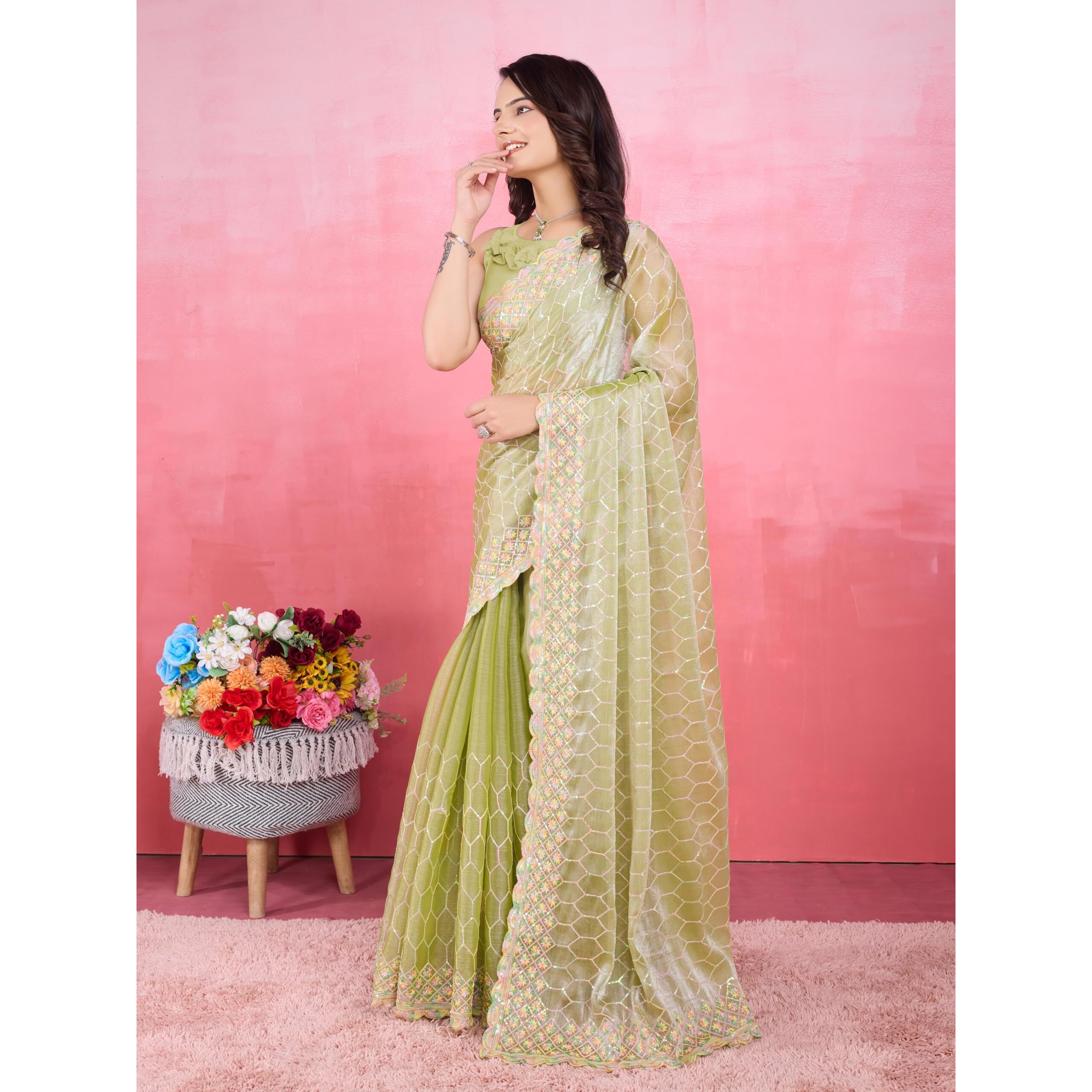 VAIRAGEE Women Soft Burberry Silk Hexagon Shape Sequnce Embroidery Saree With Unstiched Blouse(6267) (Light Green)